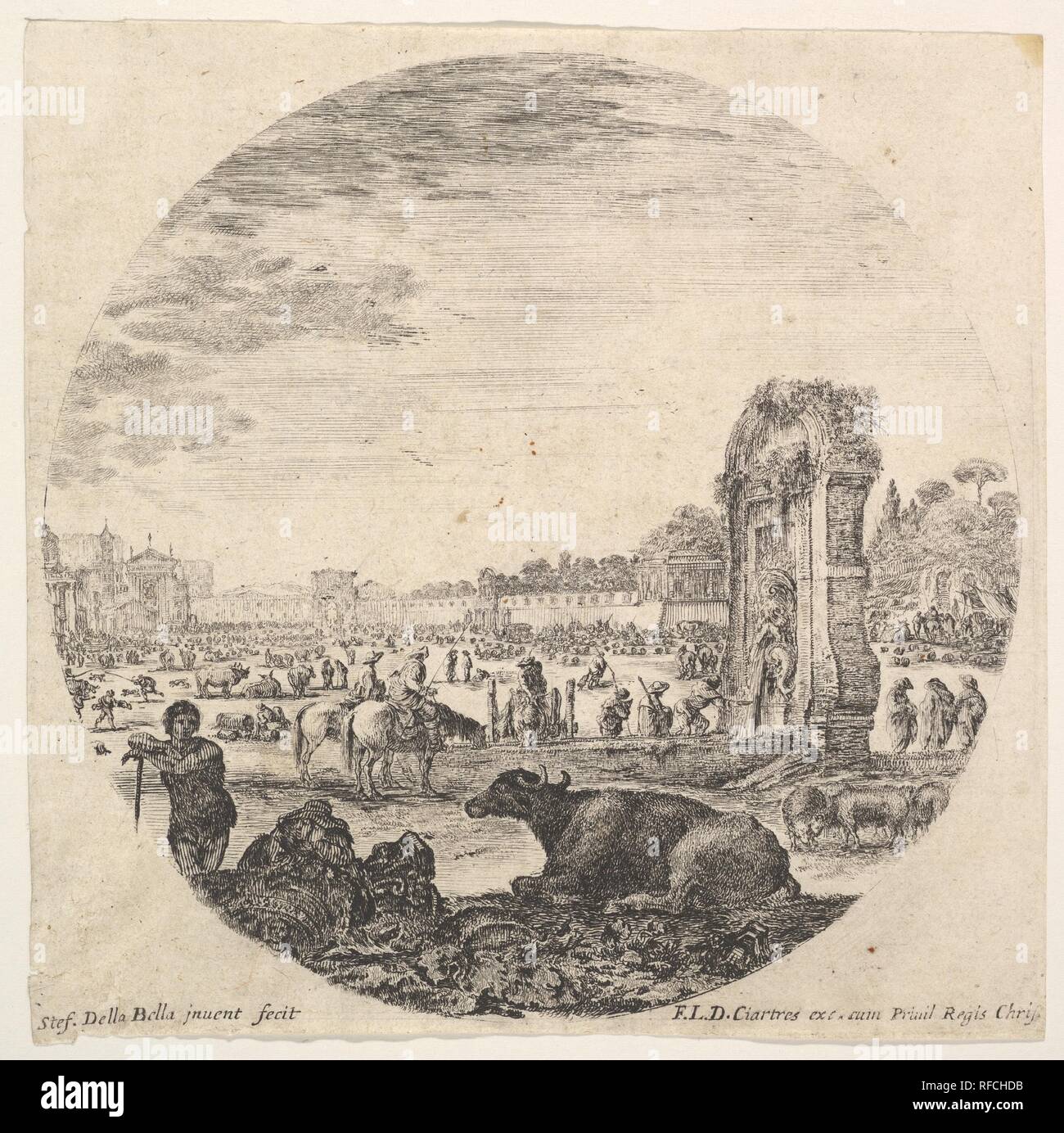 Plate 2: Campo Vaccino, a buffalo and two shepherds in center, the Fontanone to right in the middleground, various animals and people in the background, a round composition, from 'Roman landscapes and ruins' (Paysages et ruines de Rome). Artist: Stefano della Bella (Italian, Florence 1610-1664 Florence). Dimensions: Sheet: 5 5/16 x 5 5/16 in. (13.5 x 13.5 cm). Publisher: François Langlois (French, baptized Chartres, 1588-1647 Paris). Series/Portfolio: 'Roman landscapes and ruins' (Paysages et ruines de Rome). Date: ca. 1643-48. Museum: Metropolitan Museum of Art, New York, USA. Stock Photo