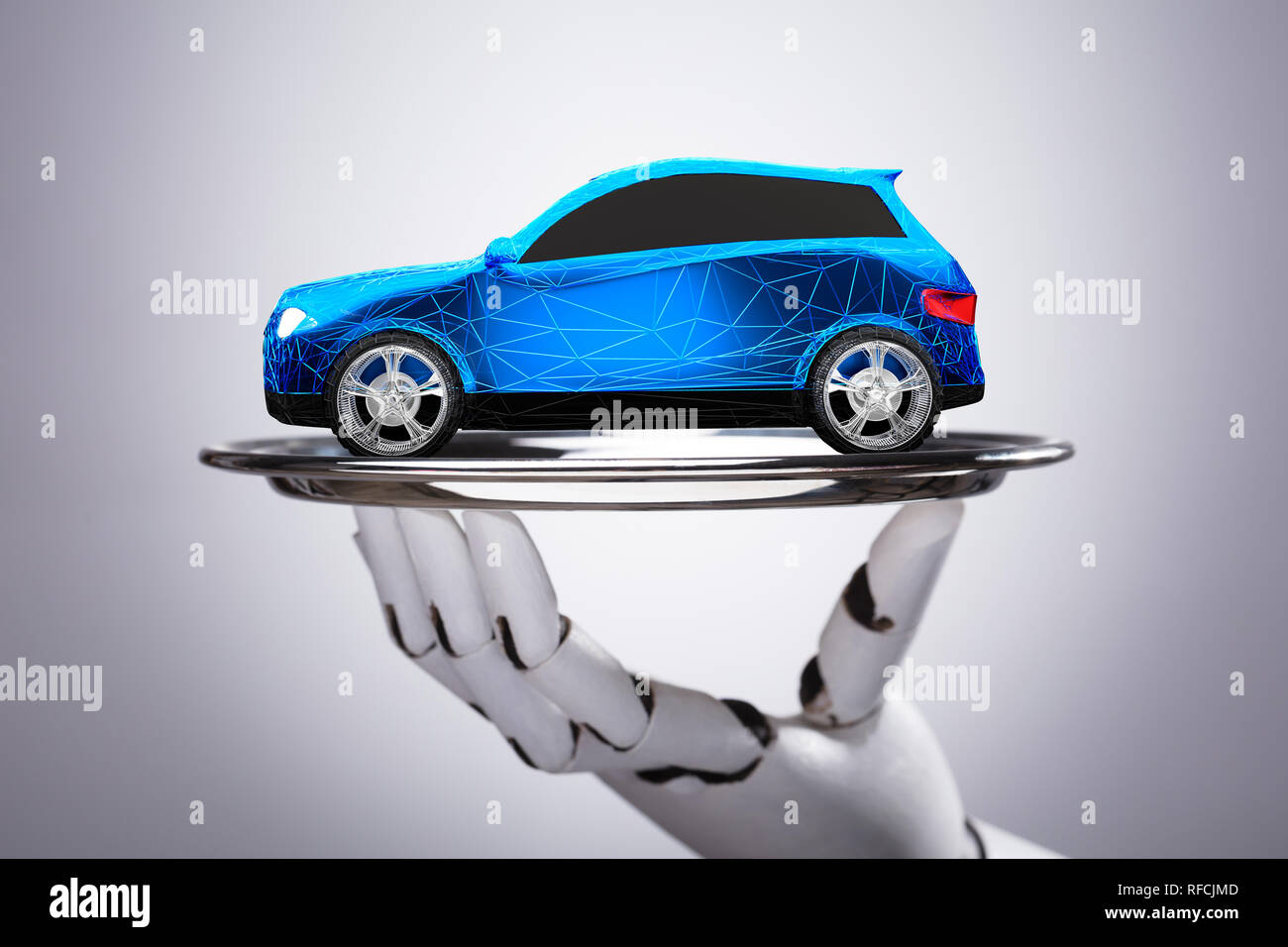 Close-up Of A Robot Holding Car On Tray With Polygonal Pattern Over Grey Background Stock Photo