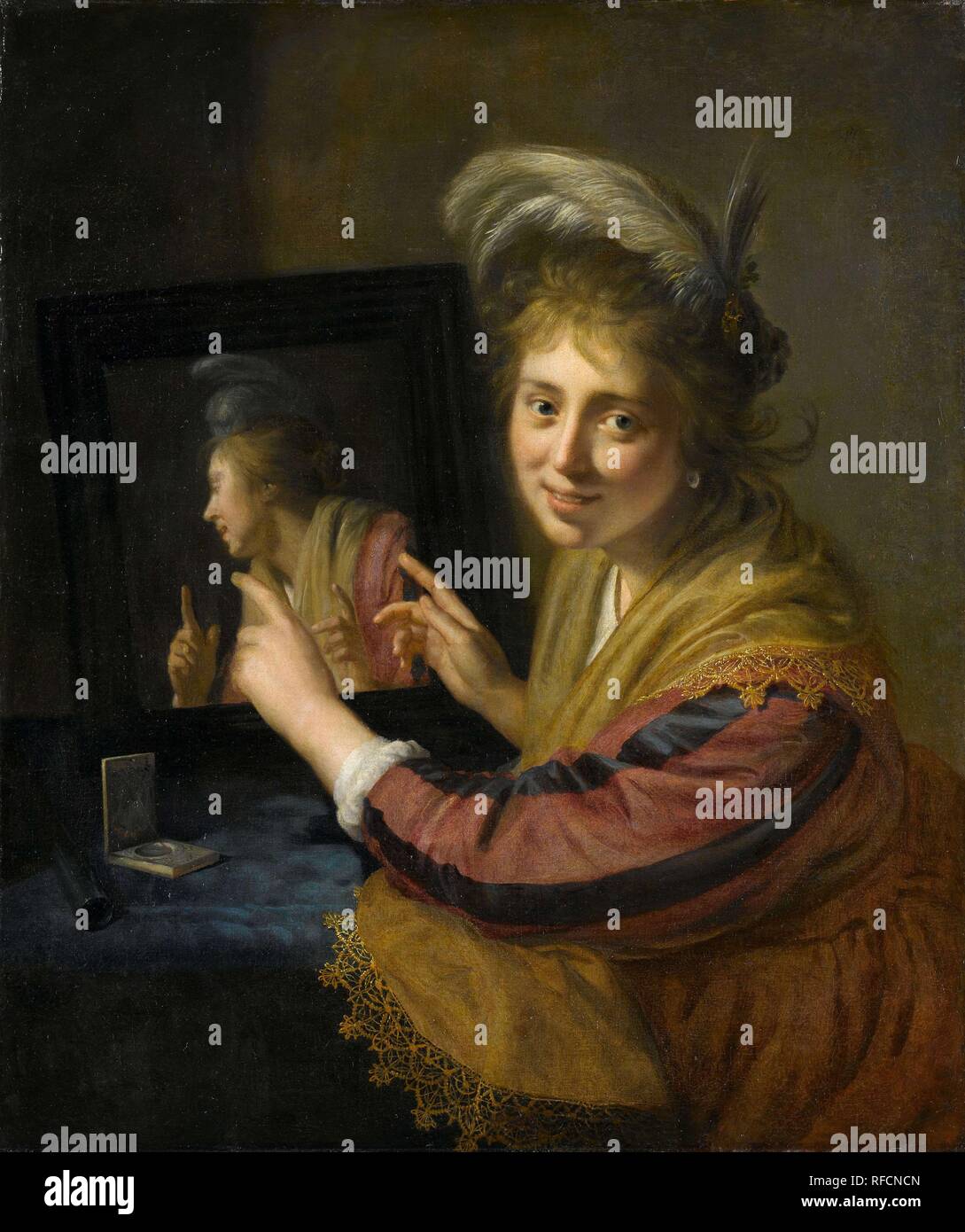 Girl at the mirror. Dating: 1632. Measurements: support: h 87 cm × w 73 cm; d 8.5 cm. Museum: Rijksmuseum, Amsterdam. Author: PAULUS MOREELSE. Stock Photo