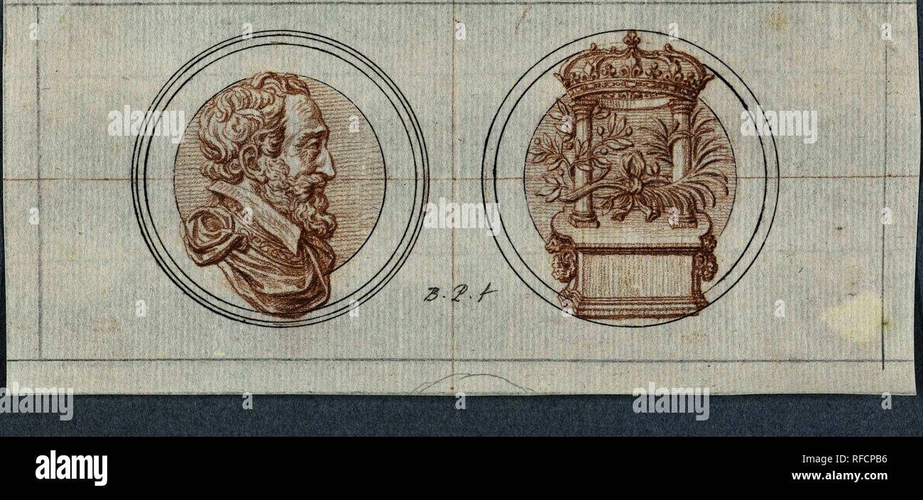 Front and back of a penny on the Alliance of France with the Swiss in 1602. Draughtsman: Bernard Picart. Dating: 1683 - 1733. Measurements: h 66 mm × w 138 mm. Museum: Rijksmuseum, Amsterdam. Stock Photo
