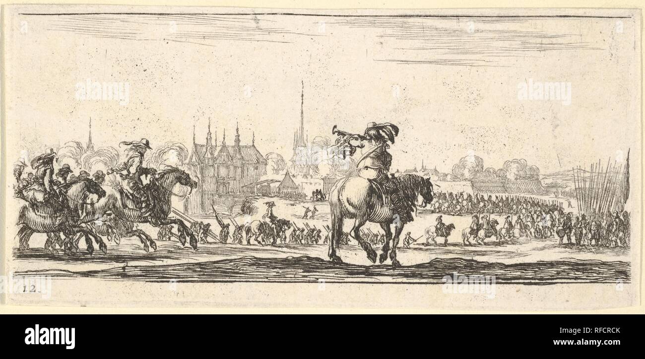Plate 12: a procession of troops enter a city, horseman in center playing a trumpet towards the left, horsemen at left galloping towards the right, from 'Troops, cannons, and attacks on towns' (Dessins de quelques conduites de troupes, canons, et ataques de villes). Artist: Stefano della Bella (Italian, Florence 1610-1664 Florence). Dimensions: Sheet: 2 7/16 x 5 3/16 in. (6.2 x 13.2 cm). Series/Portfolio: 'Troops, cannons, and attacks on towns' (Dessins de quelques conduites de troupes, canons, et ataques de villes). Date: ca. 1640. Museum: Metropolitan Museum of Art, New York, USA. Stock Photo