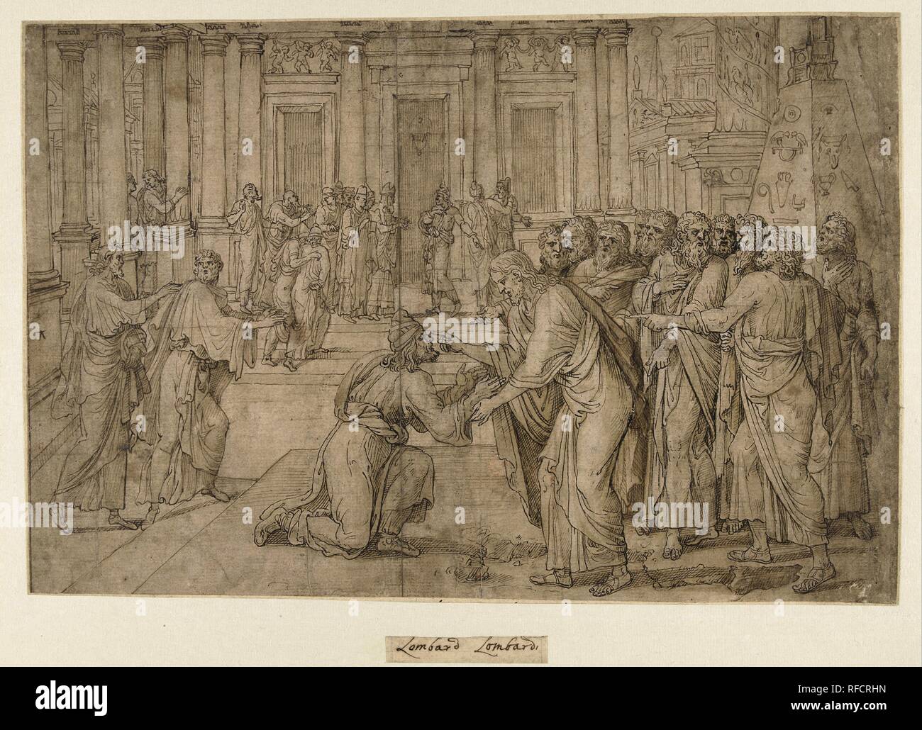 Christ heals a blind man. Draughtsman: Lambert Lombard. Dating: 1515 - 1566. Measurements: h 243 mm × w 370 mm. Museum: Rijksmuseum, Amsterdam. Stock Photo