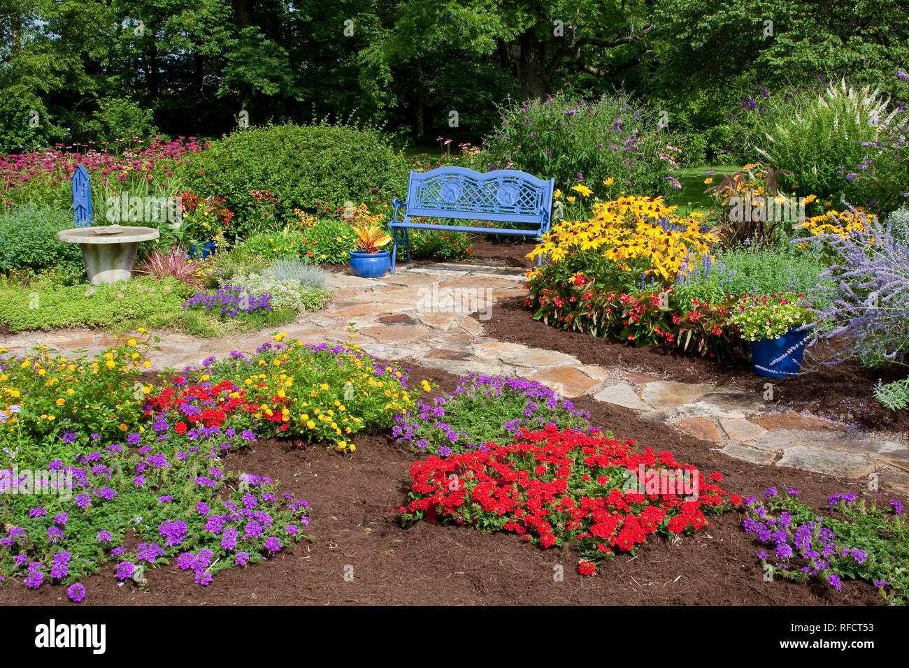 63821-21717 Blue bench, blue pots, butterfly house, bird bath and stone path in flower garden.  Black-eyed Susans (Rudbeckia hirta) Red Dragon Wing Be Stock Photo