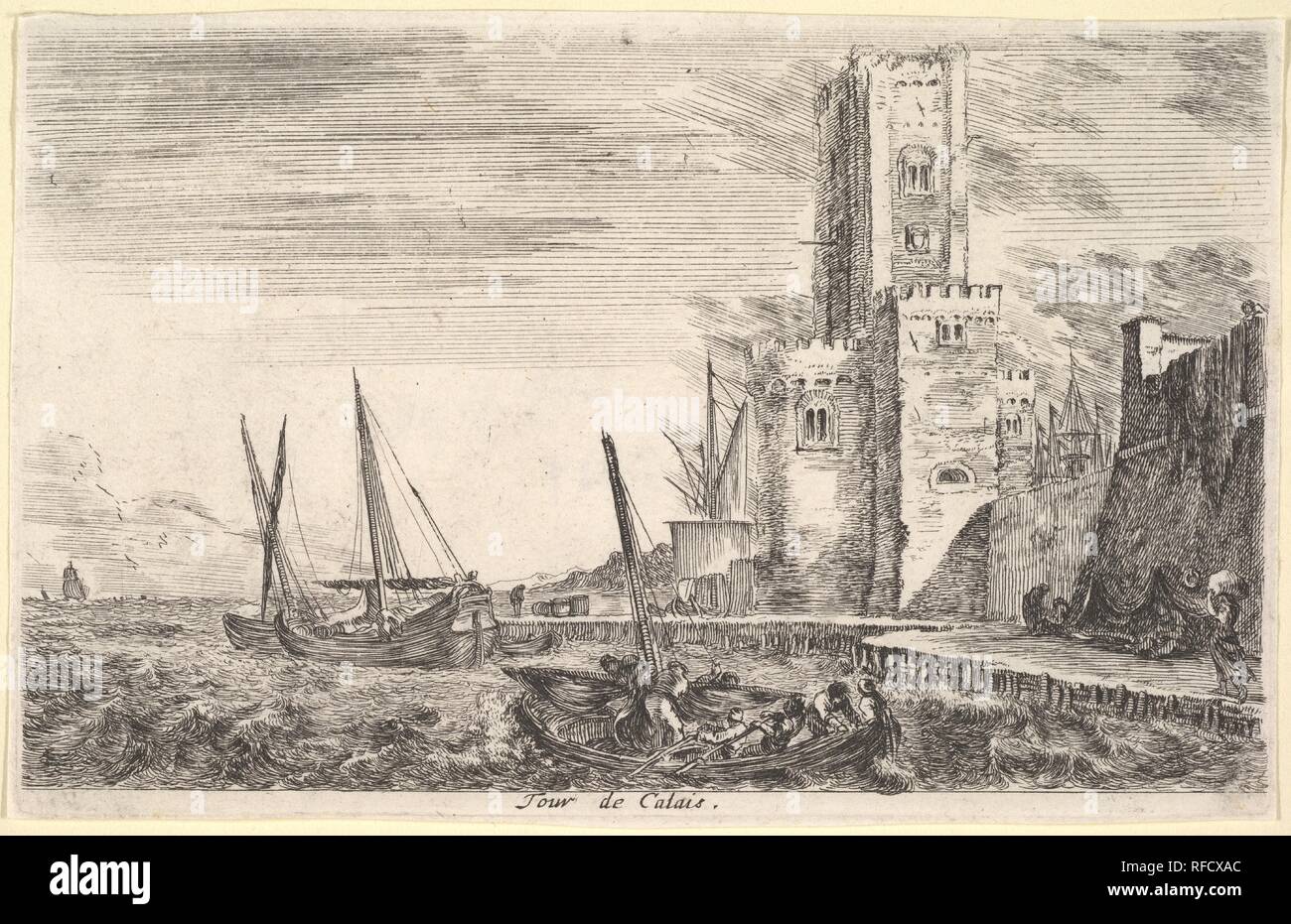 Tower of Calais (Tour de Calais), tower to right, two ships in the sea to left and in center, from 'Views of seaports' (Vues de ports de mar). Artist: Stefano della Bella (Italian, Florence 1610-1664 Florence). Dimensions: Sheet: 3 7/16 x 5 3/8 in. (8.8 x 13.7 cm). Series/Portfolio: 'Views of seaports' (Vues de ports de mar). Date: 1647. Museum: Metropolitan Museum of Art, New York, USA. Stock Photo