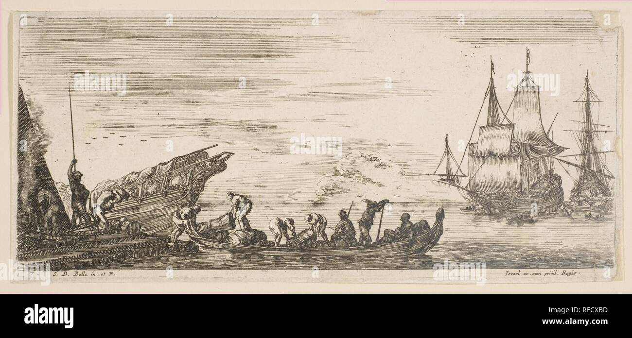 Plate 7: merchandise loaded onto a boat, two galleys in the background to right, from 'Various Embarkations' (Divers embarquements). Artist: Stefano della Bella (Italian, Florence 1610-1664 Florence). Dimensions: Plate: 2 15/16 × 6 5/8 in. (7.4 × 16.9 cm)  Sheet: 3 1/16 × 6 3/4 in. (7.7 × 17.2 cm). Publisher: Israël Henriet (French, Nancy ca. 1590-1661 Paris). Series/Portfolio: 'Various Embarkations' (Divers embarquements). Date: ca. 1646-47. Museum: Metropolitan Museum of Art, New York, USA. Stock Photo
