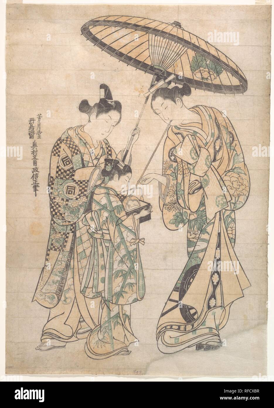 Two Figures. Artist: Okumura Masanobu (Japanese, 1686-1764). Culture: Japan. Dimensions: H. 12 1/8 in. (30.8 cm); W. 17 in. (43.2 cm).  The invention of color block printing by the mid-eighteenth century irrevocably transformed the vigorous early ukiyo-e style. The new technique, which used separate blocks for each color, placed greater attention on coordinating the component parts and emphasized the process of color overlays. Masanobu's pioneering efforts in the field of color printing advanced a new aesthetic, one in which the essential quality of the print was dependent on line and color. A Stock Photo