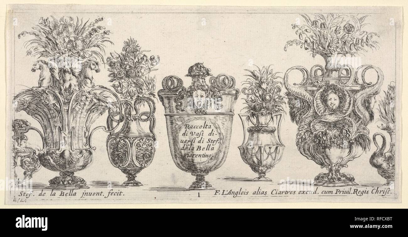 Seven vases, the vase in the middle decorated with the face of Medusa,  Plate 1 from 'Collection of Various Vases' (Raccolta di Vasi Diversi).  Artist: Stefano della Bella (Italian, Florence 1610-1664 Florence)., image size:1300x754