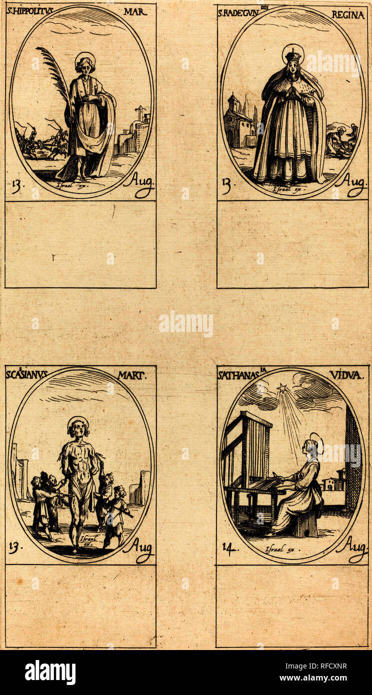 St. Hippolytus; St. Radegund, Queen; St. Cassian; St. Athanasia. Medium: etching. Museum: National Gallery of Art, Washington DC. Author: JACQUES CALLOT. Stock Photo