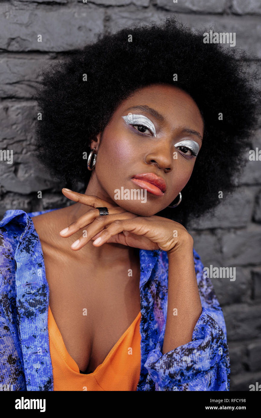 Dark-haired beautiful model with bright makeup posing for the photo Stock Photo