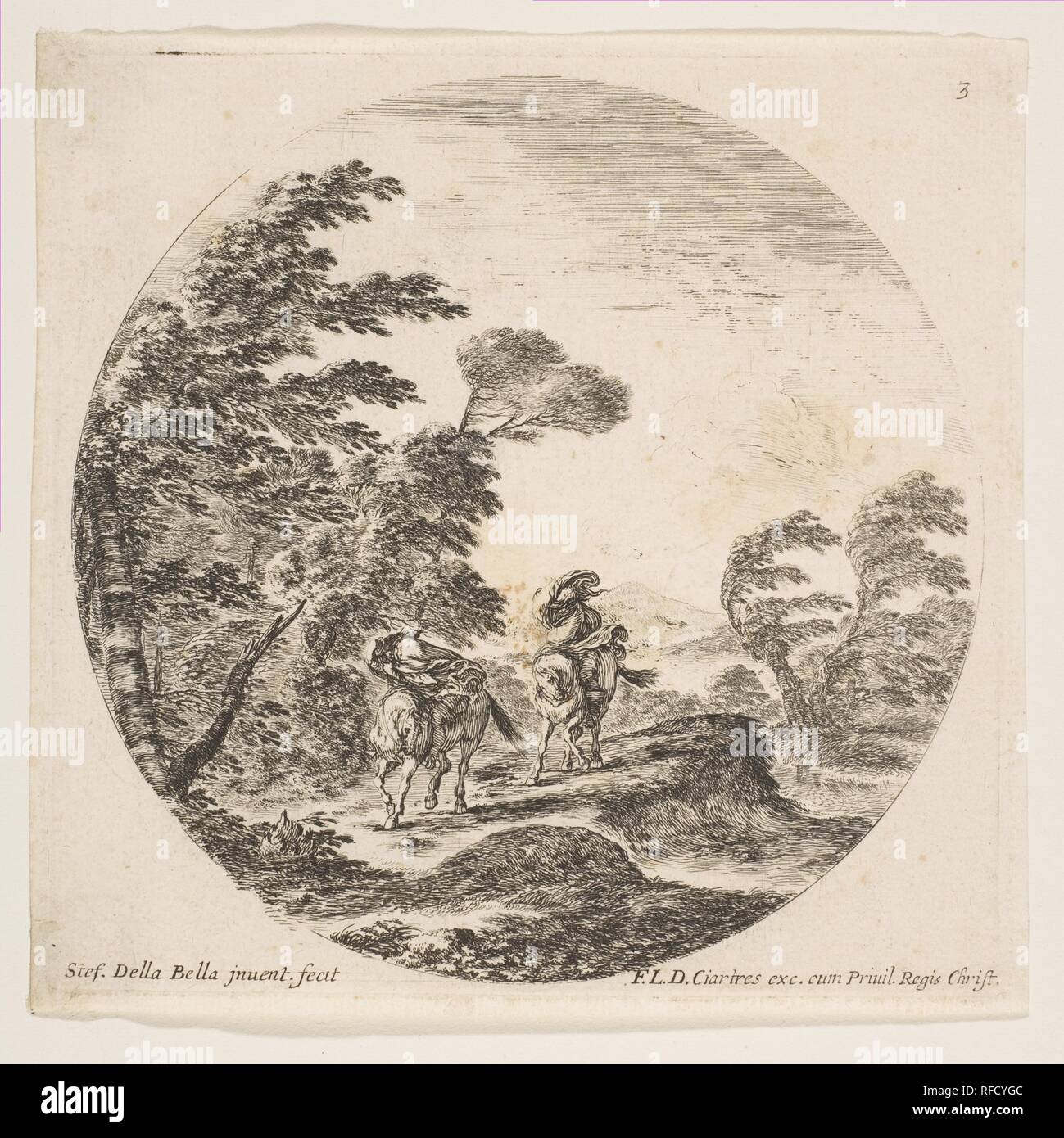 Plate 3: a gale in the forest, two horsemen wrapped in their cloaks, the wind is blowing from the left side, a round composition, from 'Roman landscapes and ruins' (Paysages et ruines de Rome). Artist: Stefano della Bella (Italian, Florence 1610-1664 Florence). Dimensions: Plate: 5 3/16 × 5 1/4 in. (13.1 × 13.3 cm)  Sheet: 5 3/8 × 5 1/2 in. (13.7 × 13.9 cm). Publisher: François Langlois (French, baptized Chartres, 1588-1647 Paris). Series/Portfolio: 'Roman landscapes and ruins' (Paysages et ruines de Rome). Date: ca. 1646. Museum: Metropolitan Museum of Art, New York, USA. Stock Photo