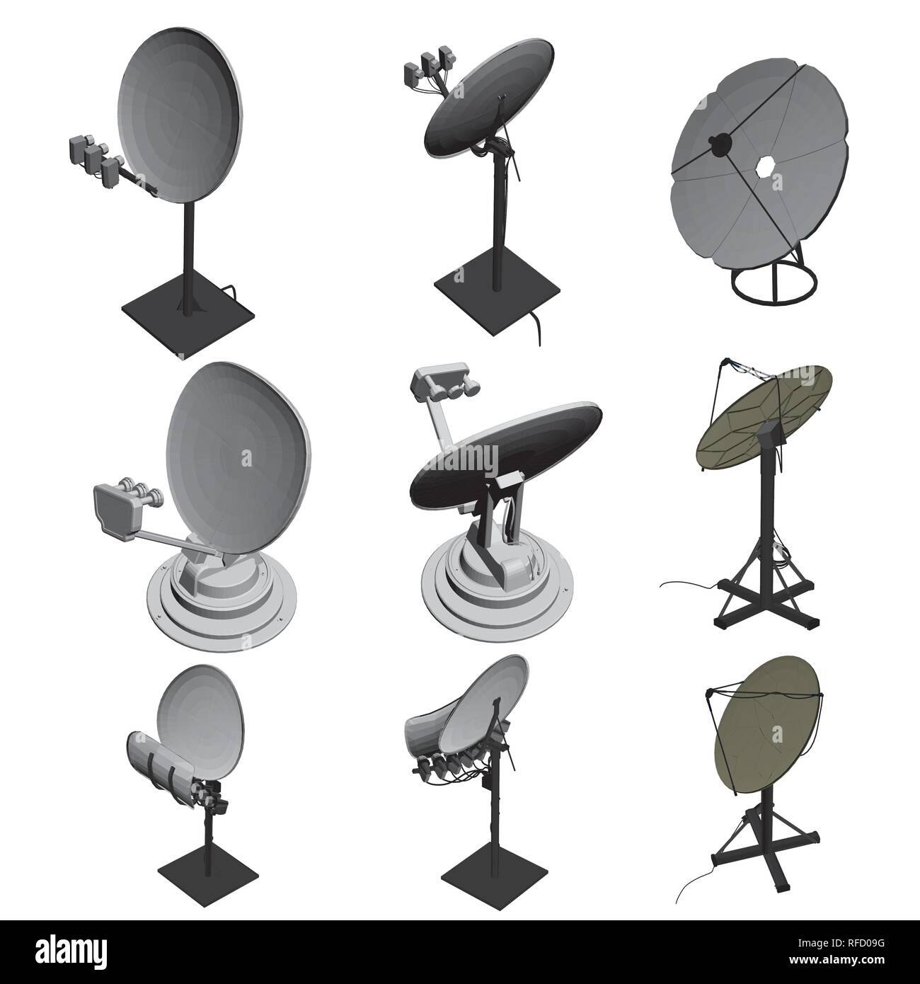 Set with satellite dishes. Vector illustration. Satellite dishes in