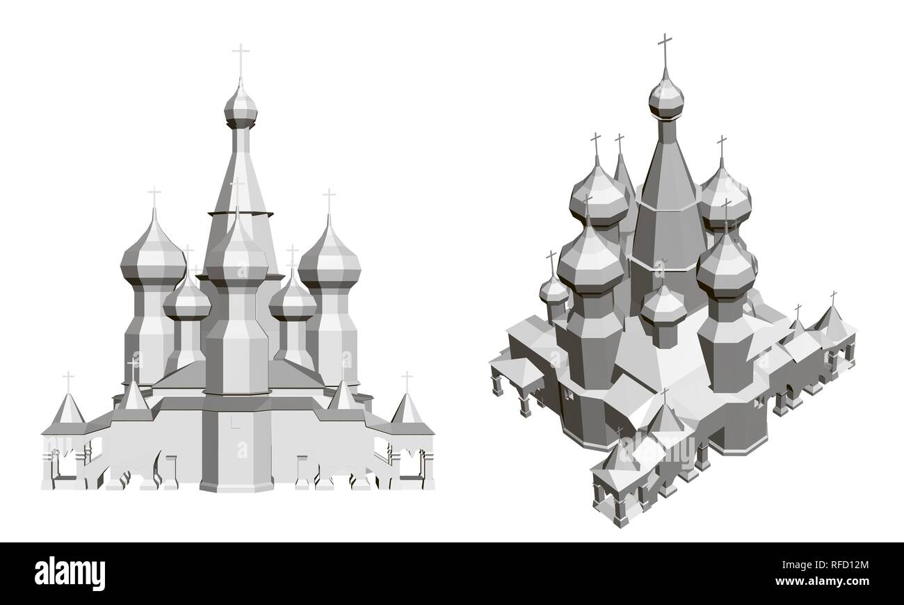 Church with domes. Detailed model of the church. Vector illustration. Front view and isometry. Stock Vector