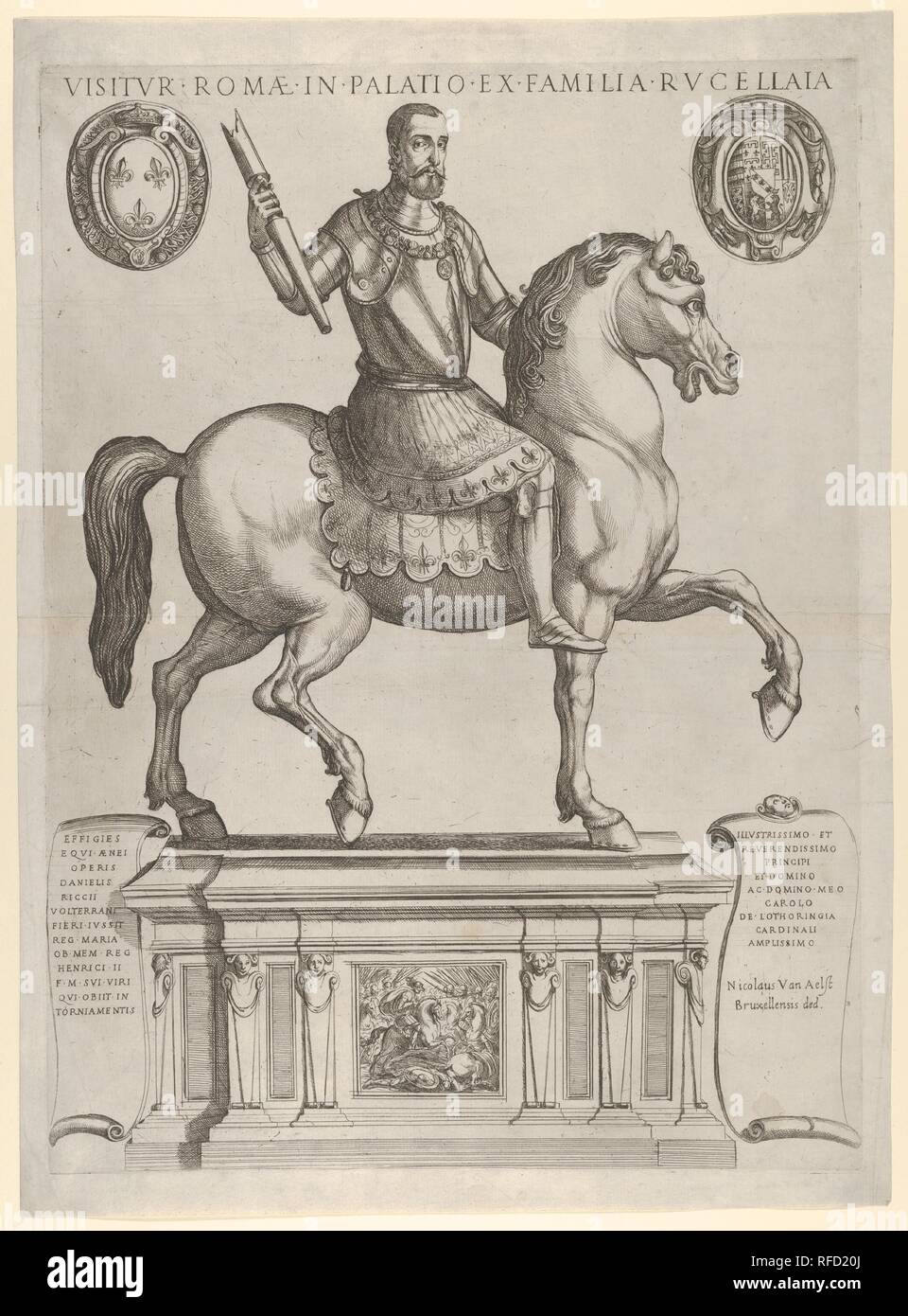 Equestrian Statue of Henry II, King of France, in the Palazzo Rucellai by Daniele de Volterra. Artist: Antonio Tempesta (Italian, Florence 1555-1630 Rome); After Daniele da Volterra (Daniele Ricciarelli) (Italian, Volterra 1509-1566 Rome). Dimensions: sheet: 15 3/4 x 20 1/2 in. (40 x 52 cm)  plate: 12 x 15 3/4 in. (30.5 x 40 cm). Publisher: Nicolaus van Aelst (Flemish, Brussels 1526-1613 Rome). Date: Published early 17th century. Museum: Metropolitan Museum of Art, New York, USA. Stock Photo