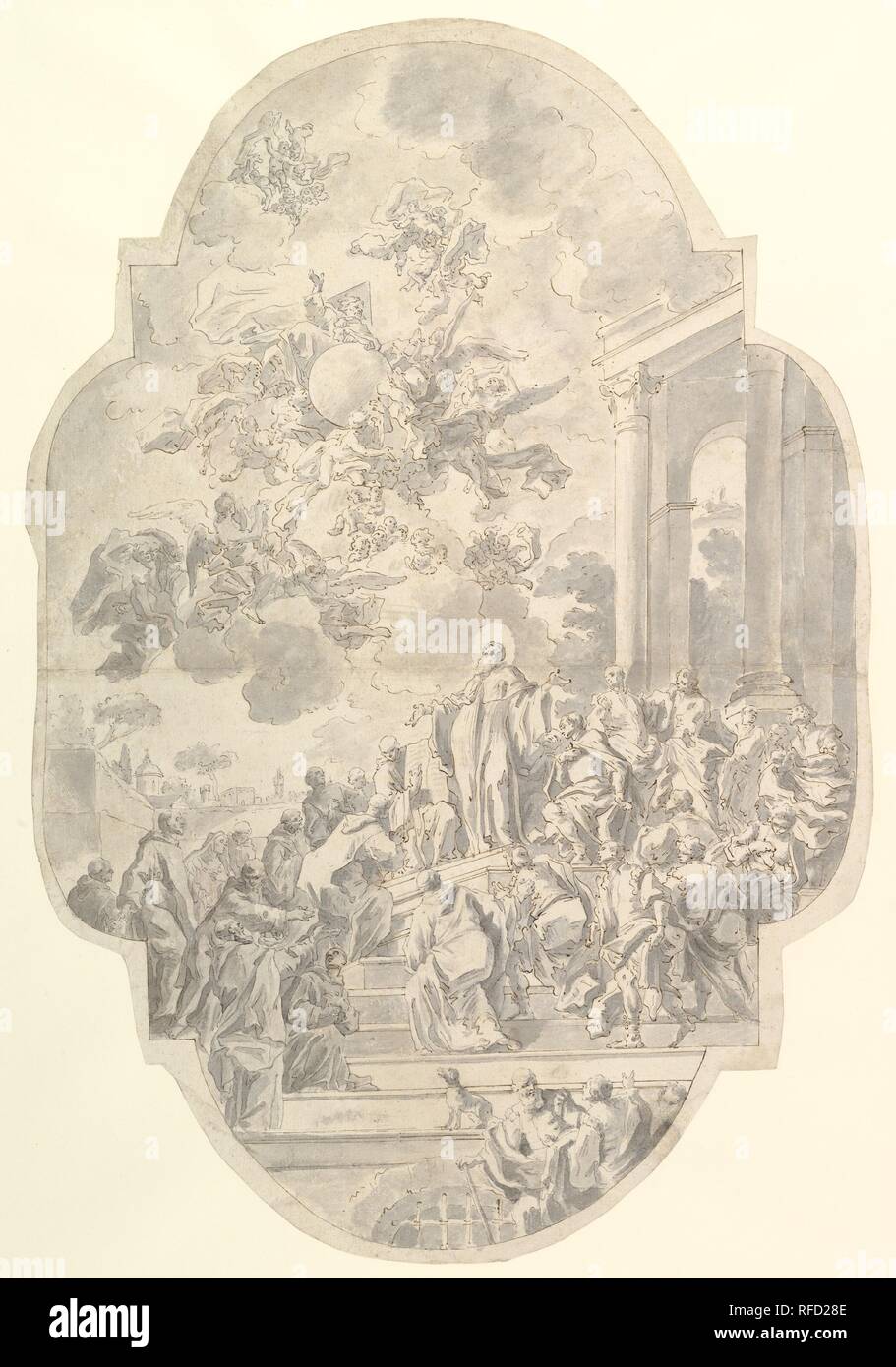 The Vision of Saint Benedict. Artist: Francesco de Mura (Italian, Naples 1696-1782 Naples). Dimensions: 22-1/4 x 15 in.  (56.5 x 38.1 cm). Date: 1740.  Saint Benedict stands at the center of the composition, looking upward at an apparition of the Holy Trinity, while around the saint are gathered members of the male and female religious orders that follow his monastic rule, as well as lay men and women devoted to his cult. The drawing is a study with a number of variations for a ceiling fresco, signed by de Mura and dated 1740, at the center of the nave of the Neapolitan church of Saints Severi Stock Photo