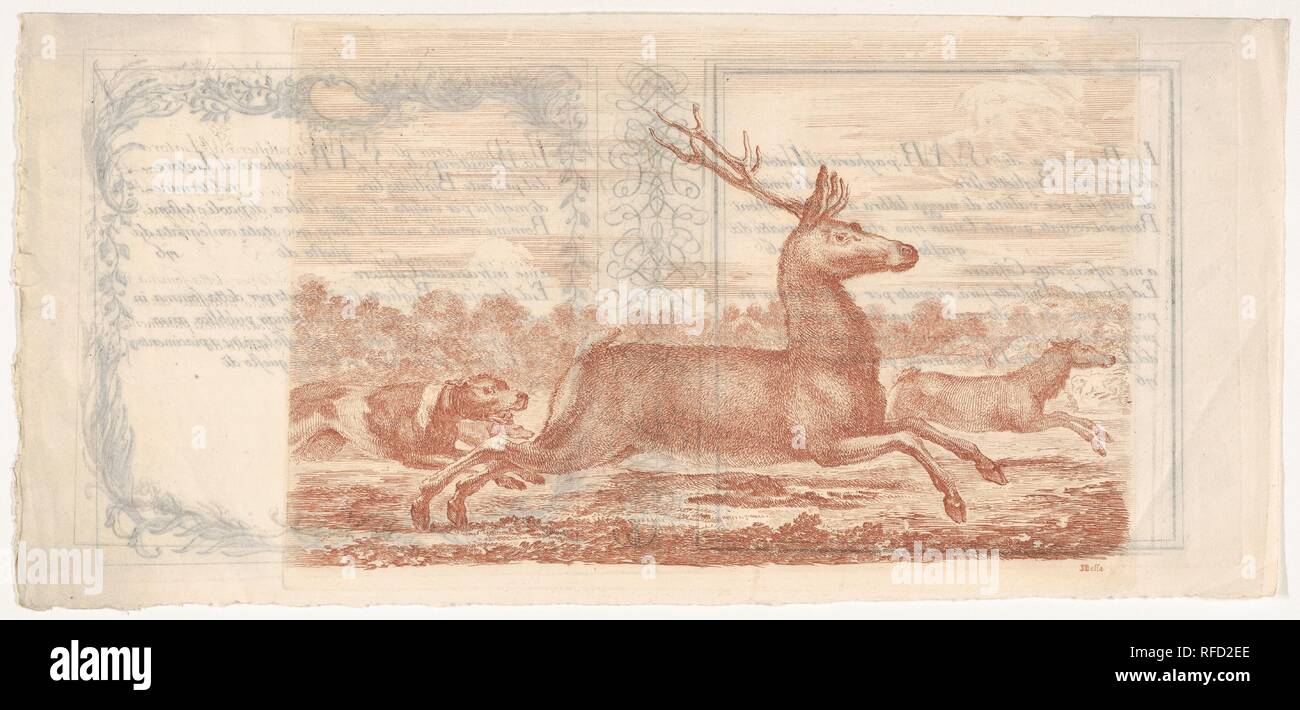 Stag and doe running towards the right, two dogs behind them to left, from 'Hunts of various animals' (Chasses à différents animaux). Artist: Stefano della Bella (Italian, Florence 1610-1664 Florence). Dimensions: Sheet: 6 5/16 x 13 1/4 in. (16 x 33.7 cm)  Plate: 5 15/16 x 8 15/16 in. (15.1 x 22.7 cm). Series/Portfolio: 'Hunts of various animals' (Chasses à différents animaux). Date: ca. 1651-57. Museum: Metropolitan Museum of Art, New York, USA. Stock Photo