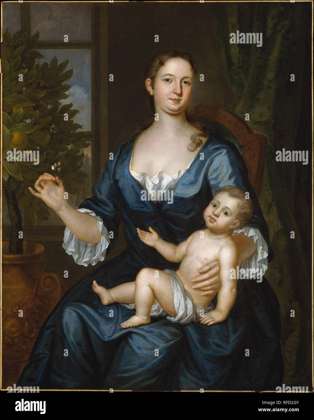 Mrs. Francis Brinley and Her Son Francis. Artist: John Smibert (American, Edinburgh, Scotland 1688-1751 Boston, Massachusetts). Dimensions: 50 x 39 1/4 in. (127 x 99.7 cm). Date: 1729.  Born Deborah Lyde, Mrs. Francis Brinley (1698-1761) was the daughter of Edward and Catherine Lyde and the granddaughter of Judge Nathaniel  Byfield (see portrait by Smibert, 24.109.87). When she married Francis Brinley in 1718, she was a woman of wealth and social prominence. An entry in Smibert's notebook dated May 1729 identifies the infant as  the Brinley's son Francis (1729-1816). Mrs. Brinley holds a sprig Stock Photo