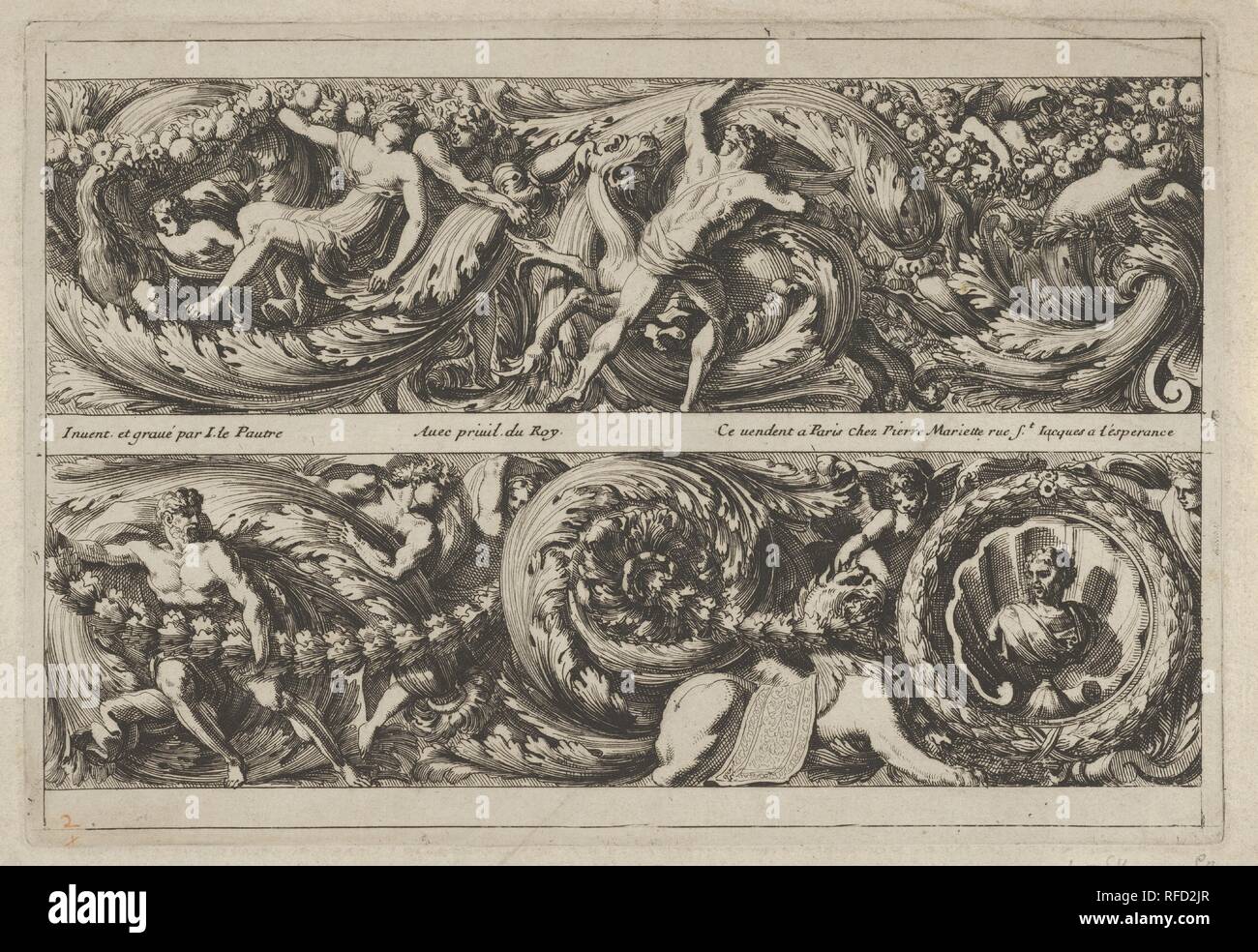 Two Designs for Friezes with Acanthus Scrolls from: Frises, Feuillages ou Tritons Marins à la romaine. Artist: Jean Le Pautre (French, Paris 1618-1682 Paris). Dimensions: sheet: 6 7/16 x 9 1/4 in. (16.3 x 23.5 cm)  plate: 5 13/16 x 8 11/16 in. (14.8 x 22 cm). Publisher: Pierre Mariette le fils (French, Paris 1634-1716 Paris). Date: ca. 1640-82. Museum: Metropolitan Museum of Art, New York, USA. Stock Photo