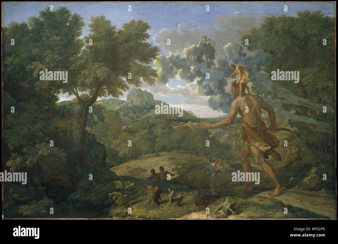 Blind Orion Searching for the Rising Sun. Artist: Nicolas Poussin (French, Les Andelys 1594-1665 Rome). Dimensions: 46 7/8 x 72 in. (119.1 x 182.9 cm). Date: 1658.  For his depiction of the gigantic hunter, painted for Michel Passart, Poussin drew on the Greek writer Lucian: 'Orion who is blind, is carrying Cedalion, and the latter, riding on his back, is showing him the way to the sunlight. The rising sun is healing [his] blindness.' Poussin also studied the sixteenth-century commentary on the tale by Natalis Comes that affords a meteorological interpretation. He therefore added Diana, standi Stock Photo