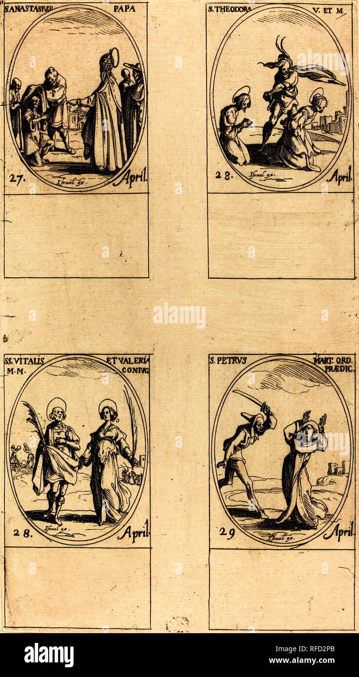 St. Anastasius; St. Theodora; Sts. Vitalis and Valeria; St. Peter Martyr. Medium: etching. Museum: National Gallery of Art, Washington DC. Author: JACQUES CALLOT. Stock Photo
