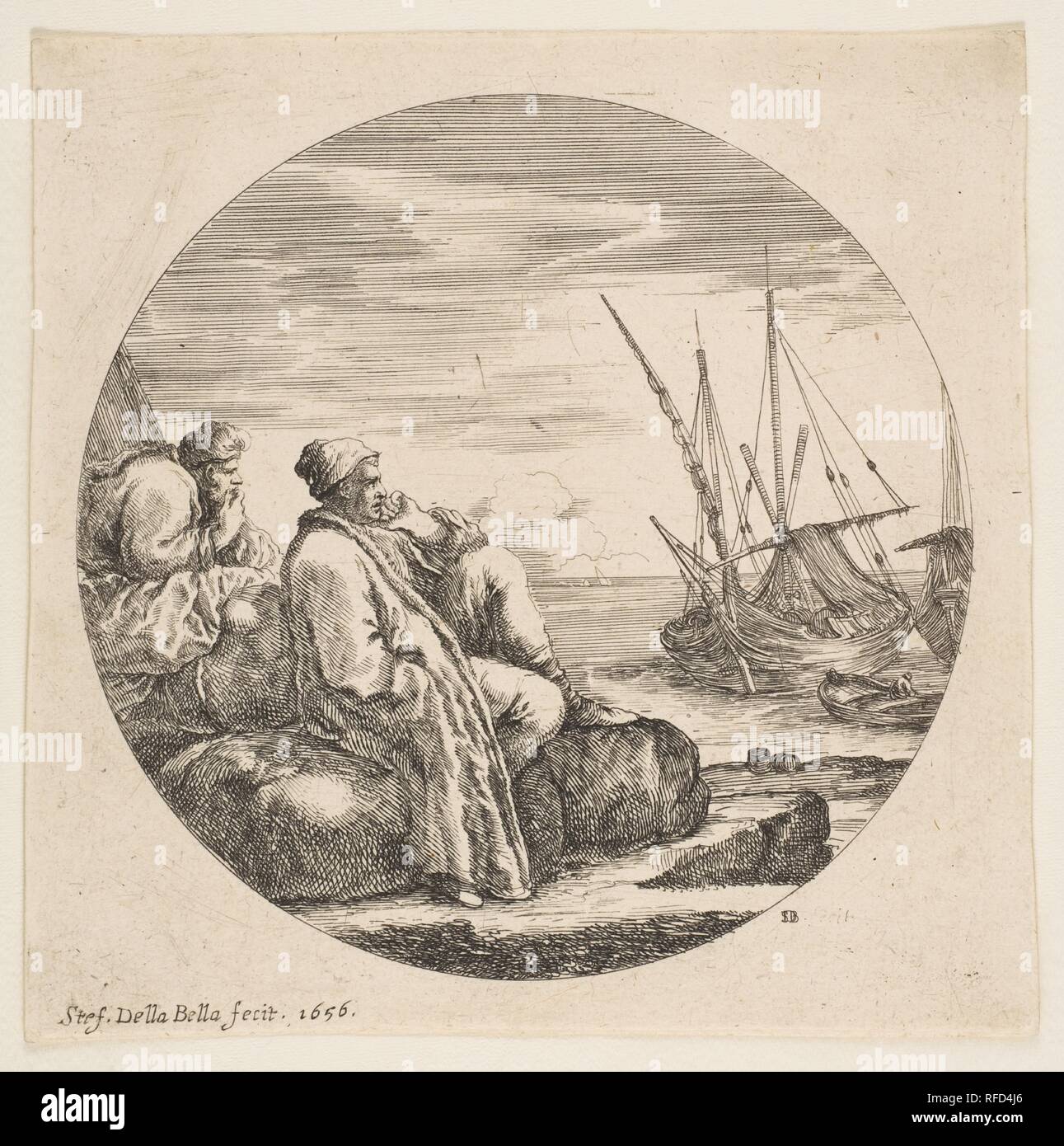 Two Turkish Merchants in a Port, from 'Landscapes and seaports' (Paysages et ports de mer, dans des ronds). Artist: Stefano della Bella (Italian, Florence 1610-1664 Florence). Dimensions: Sheet (trimmed): 5 1/2 × 5 9/16 in. (14 × 14.1 cm). Series/Portfolio: 'Landscapes and seaports' (Paysages et ports de mer, dans des ronds). Date: 1656. Museum: Metropolitan Museum of Art, New York, USA. Stock Photo