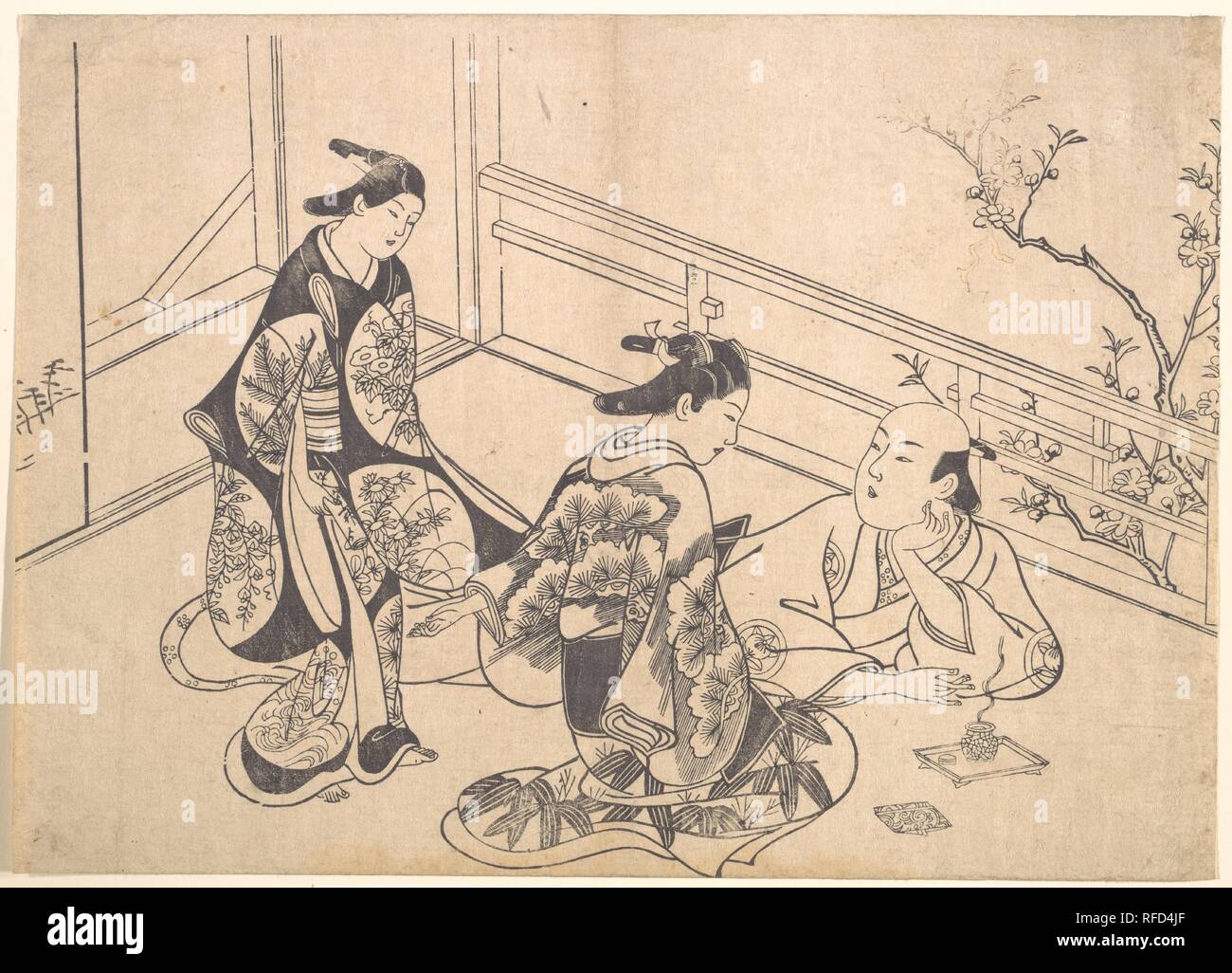 The Actor Ichimura Takenojo Reclining on a Balcony. Artist: Okumura Masanobu (Japanese, 1686-1764). Culture: Japan. Dimensions: 10 x 14 in. (25.4 x 35.6 cm). Date: ca. 1715. Museum: Metropolitan Museum of Art, New York, USA. Stock Photo