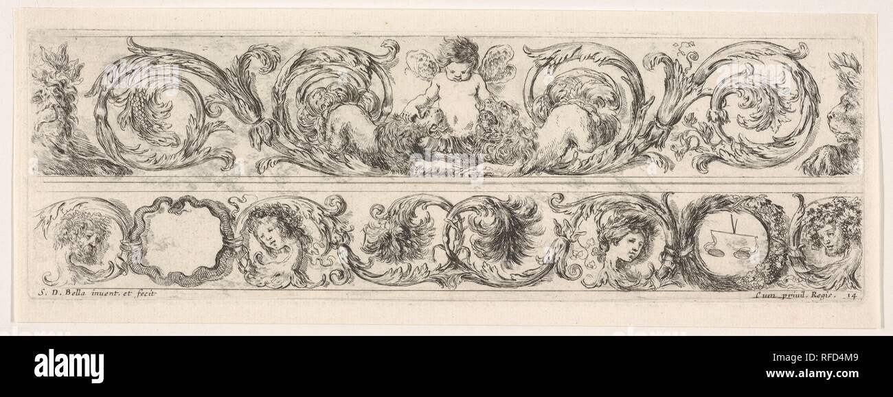 Design for Two Friezes, the One on Top containing a Zephyr flanked by Lions, Plate 14 from: 'Decorative friezes and foliage' (Ornamenti di fregi e fogliami). Artist: Stefano della Bella (Italian, Florence 1610-1664 Florence). Dimensions: Sheet: 3 9/16 × 9 13/16 in. (9.1 × 25 cm). Series/Portfolio: 'Decorative friezes and foliage' (Ornamenti di fregi e fogliami). Date: ca. 1645-50. Museum: Metropolitan Museum of Art, New York, USA. Stock Photo