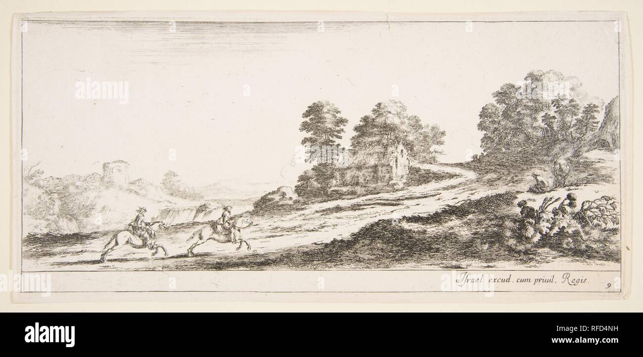 Plate 9: two horsemen at left galloping uphill towards the right, a horse and seated man to right, from 'Various landscapes' (Divers paysages). Artist: Stefano della Bella (Italian, Florence 1610-1664 Florence). Dedicatee: Louis de Bourbon duc d'Anguien (French). Dimensions: Sheet (trimmed): 4 13/16 × 10 1/4 in. (12.3 × 26.1 cm). Publisher: Israël Henriet (French, Nancy ca. 1590-1661 Paris). Series/Portfolio: 'Various landscapes' (Divers paysages). Date: ca. 1641. Museum: Metropolitan Museum of Art, New York, USA. Stock Photo