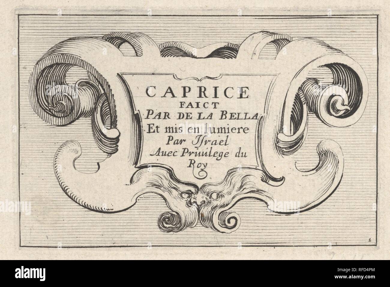 Plate 1: A cartouche with series title, from 'Caprice faict par de la Bella'. Artist: Stefano della Bella (Italian, Florence 1610-1664 Florence). Dimensions: Plate: 2 3/16 x 3 5/16 in. (5.5 x 8.4 cm)  Sheet: 3 x 3 7/8 in. (7.6 x 9.9 cm). Publisher: Israël Henriet (French, Nancy ca. 1590-1661 Paris). Series/Portfolio: 'Caprice faict par de la Bella'. Date: ca. 1642. Museum: Metropolitan Museum of Art, New York, USA. Stock Photo