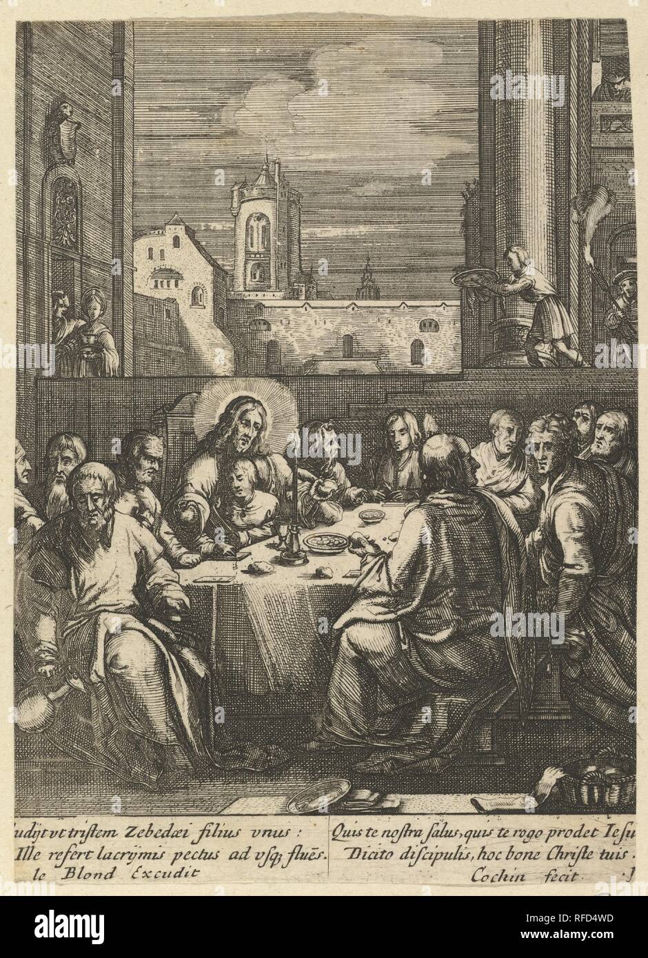 The Last Supper, from The Passion of Christ. Artist: After Hendrick Goltzius (Netherlandish, Mühlbracht 1558-1617 Haarlem); Nicolas Cochin (French, Troyes 1610-1686 Paris). Dimensions: Sheet: 5 3/8 × 7 13/16 in. (13.6 × 19.8 cm). Publisher: Jean I Leblond (French, ca. 1590-1666 Paris). Date: mid 17th century. Museum: Metropolitan Museum of Art, New York, USA. Stock Photo
