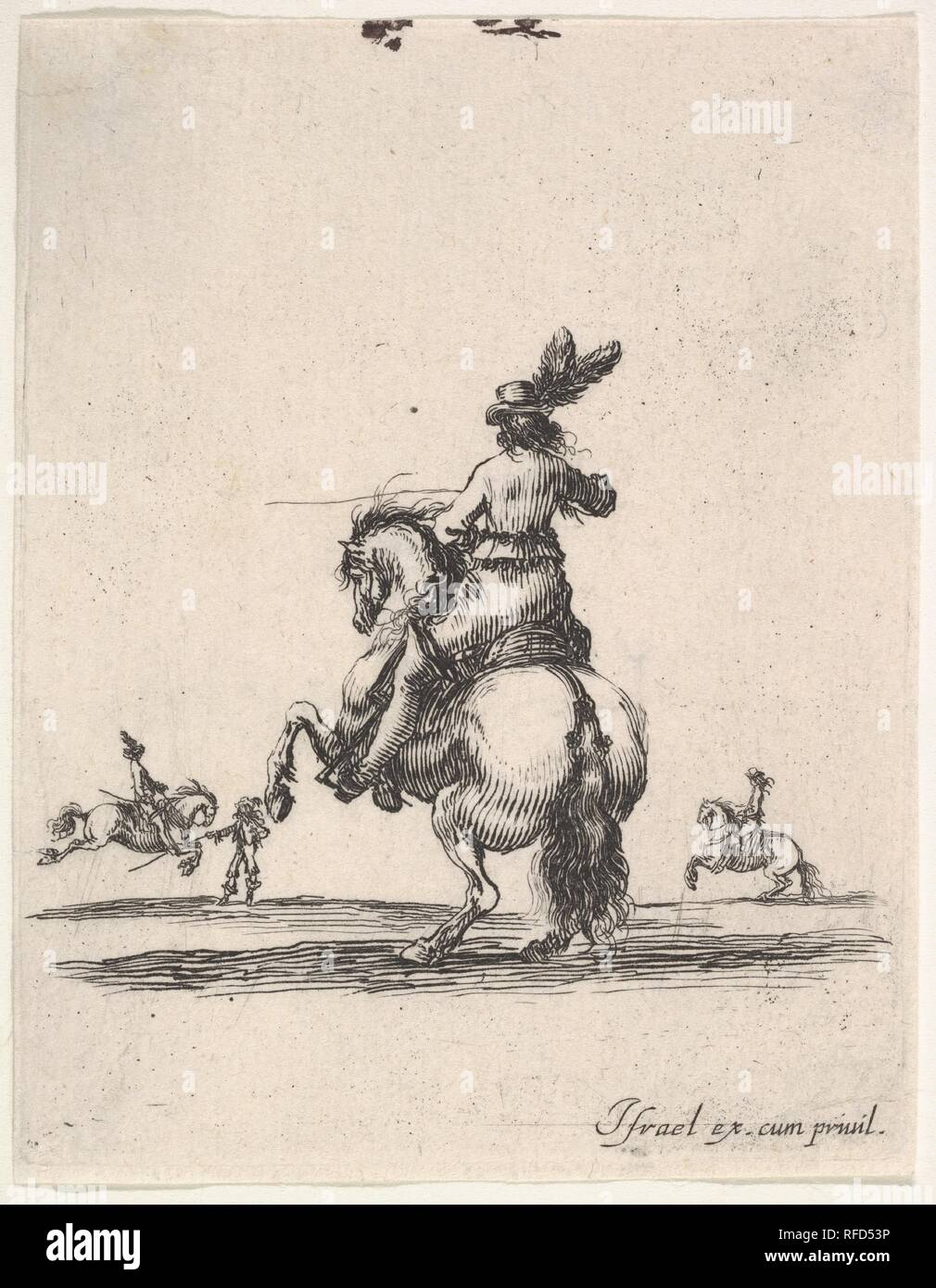 A horseman atop a rearing horse, seen from behind and turned towards the left, two horsemen in the background, from 'Various cavalry exercises' (Diverses exercices de cavalerie). Artist: Stefano della Bella (Italian, Florence 1610-1664 Florence). Dimensions: Sheet: 3 7/16 x 2 11/16 in. (8.8 x 6.8 cm). Publisher: Israël Henriet (French, Nancy ca. 1590-1661 Paris). Series/Portfolio: 'Various cavalry exercises' (Diverses exercices de cavalerie). Date: ca. 1642-45. Museum: Metropolitan Museum of Art, New York, USA. Stock Photo