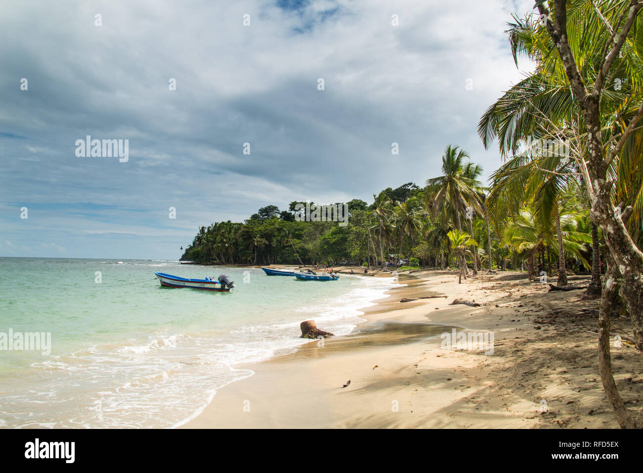 A scenic landscape photo of a wild and beautiful sandy beach at tropical Manzanillo - the romantic Caribbean side Costa Rica. Stock Photo