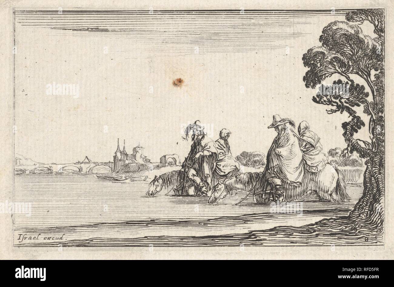Plate 8: two horsemen in hats at right, each with a woman seated behind them, riding towards the left in profile across a river, a tree at far right, from 'Caprice faict par de la Bella'. Artist: Stefano della Bella (Italian, Florence 1610-1664 Florence). Dimensions: Sheet: 2 9/16 x 3 11/16 in. (6.5 x 9.4 cm)  Plate: 2 3/16 x 3 5/16 in. (5.5 x 8.4 cm). Publisher: Israël Henriet (French, Nancy ca. 1590-1661 Paris). Series/Portfolio: 'Caprice faict par de la Bella'. Date: ca. 1642. Museum: Metropolitan Museum of Art, New York, USA. Stock Photo