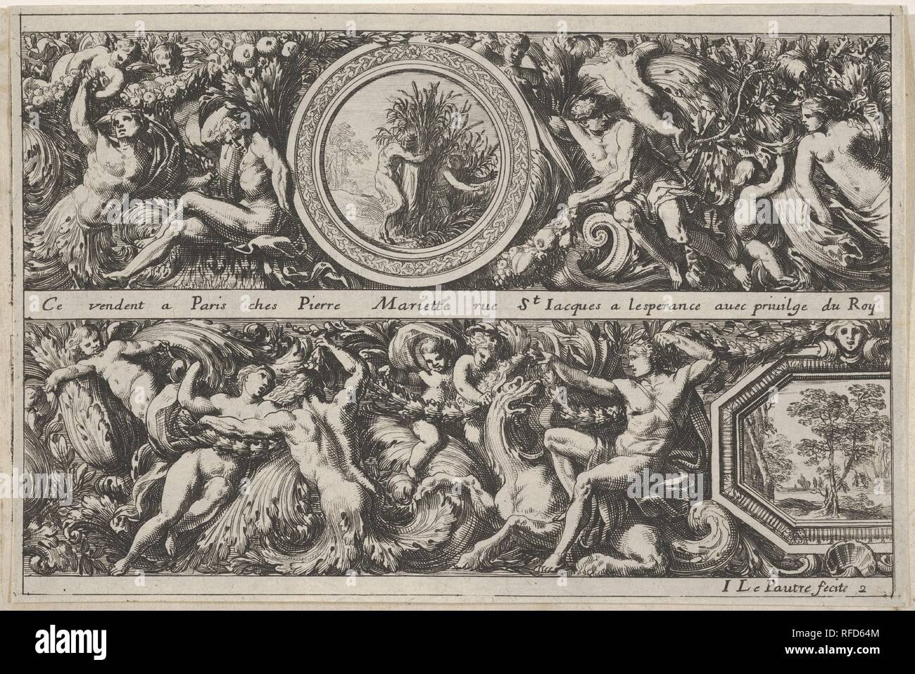 Two Designs for Friezes with Medallions, from: Frises, feuillages ou tritons marins antiques et modernes. Artist: Jean Le Pautre (French, Paris 1618-1682 Paris). Dimensions: sheet: 6 1/8 x 9 3/16 in. (15.5 x 23.4 cm)  plate: 5 9/16 x 8 11/16 in. (14.2 x 22 cm). Publisher: Pierre Mariette le fils (French, Paris 1634-1716 Paris). Date: ca. 1640-82. Museum: Metropolitan Museum of Art, New York, USA. Stock Photo