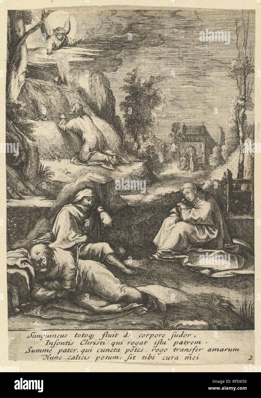 The Agony in the Garden, from The Passion of Christ. Artist: After Hendrick Goltzius (Netherlandish, Mühlbracht 1558-1617 Haarlem); Nicolas Cochin (French, Troyes 1610-1686 Paris). Dimensions: Sheet: 5 3/8 × 3 3/4 in. (13.6 × 9.6 cm). Publisher: Jean I Leblond (French, ca. 1590-1666 Paris). Date: mid 17th century. Museum: Metropolitan Museum of Art, New York, USA. Stock Photo