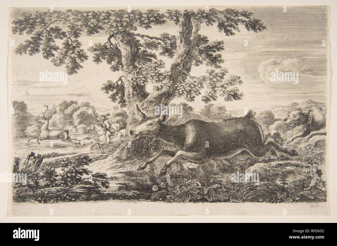 Deer hunt, from 'Animal hunts' (Chasses à différents animaux). Artist: Stefano della Bella (Italian, Florence 1610-1664 Florence). Dimensions: Sheet (trimmed to plate): 5 7/8 in. × 9 in. (15 × 22.9 cm). Series/Portfolio: 'Animal hunts' (Chasses à différents animaux). Date: ca. 1654. Museum: Metropolitan Museum of Art, New York, USA. Stock Photo