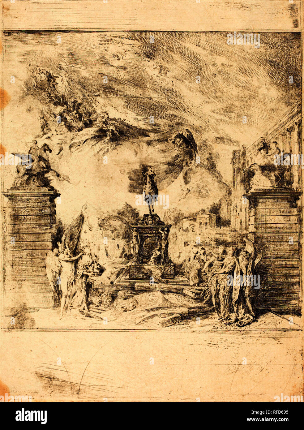 Allegorie sur l'Erection de la Statue de Louis XV (Allegory on the Establishment of a. Dated: c. 1763. Dimensions: image: 23.5 x 23.2 cm (9 1/4 x 9 1/8 in.)  plate: 31.6 x 24 cm (12 7/16 x 9 7/16 in.). Medium: etching with traces of roulette and engraving. Museum: National Gallery of Art, Washington DC. Author: Gabriel Jacques de Saint-Aubin. Stock Photo