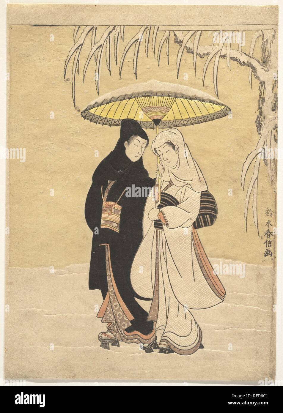 Lovers Walking in the Snow (Crow and Heron). Artist: Suzuki Harunobu (Japanese, 1725-1770). Culture: Japan. Dimensions: H. 11 1/4 in. (28.6 cm); W. 8 1/8 in. (20.6 cm)  medium-size print (chu-ban). Date: 1764-72.  Of all ukiyo-e prints of lovers, this one creates the most romantic and melancholic mood. Harunobu emphasizes the intimacy of two lovers strolling in the snow, even suggesting perhaps a michiyuki, a path to a love suicide. The couple walk together in the quietly falling snow, in what is known as an ai ai gasa pose, literally, the sharing of an umbrella and love.   Harunobu, the origi Stock Photo