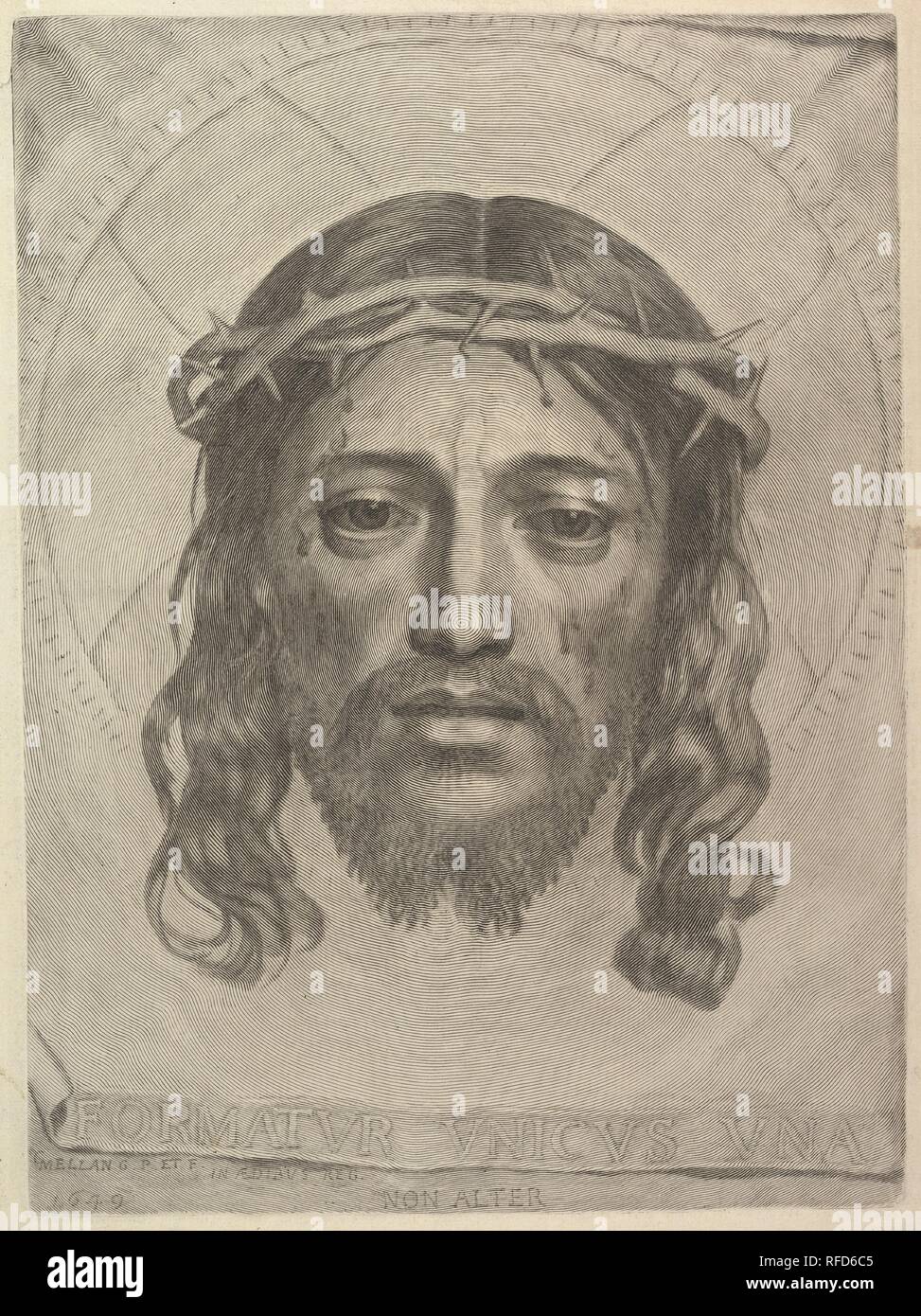 Face of Christ on St. Veronica's Cloth. Artist: Claude Mellan (French, Abbeville 1598-1688 Paris). Dimensions: plate: 16 15/16 x 12 3/8 in. (43 x 31.5 cm)  sheet: 18 1/8 x 13 11/16 in. (46 x 34.8 cm). Date: 1649. Museum: Metropolitan Museum of Art, New York, USA. Author: CLAUDE MELLAN. MELLAN, CLAUDE. After Claude Mellan. Dudesert or Du Desert. Stock Photo