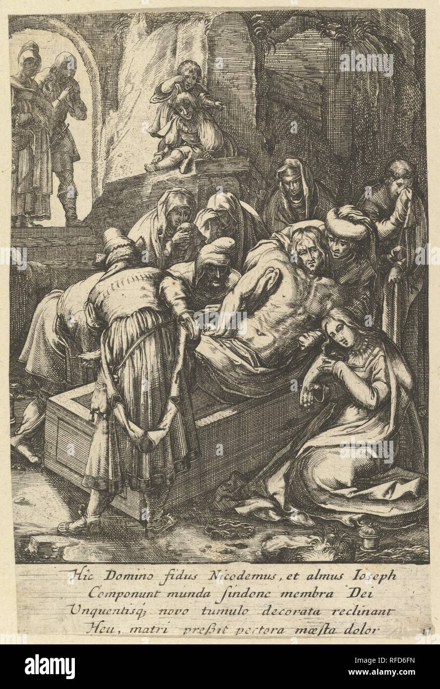 The Entombment, from The Passion of Christ. Artist: After Hendrick Goltzius (Netherlandish, Mühlbracht 1558-1617 Haarlem); Nicolas Cochin (French, Troyes 1610-1686 Paris). Dimensions: Sheet: 5 13/16 x 3 7/8 in. (14.8 x 9.9 cm). Publisher: Jean I Leblond (French, ca. 1590-1666 Paris). Date: mid 17th century. Museum: Metropolitan Museum of Art, New York, USA. Stock Photo