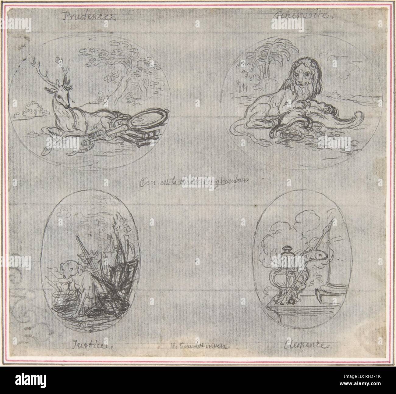 Four Small Allegories. Artist: Hubert François Gravelot (French, Paris 1699-1773 Paris). Dimensions: 4 3/16 x 4 1/2 in. (10.6 x 11.5 cm.). Date: 18th century. Museum: Metropolitan Museum of Art, New York, USA. Stock Photo
