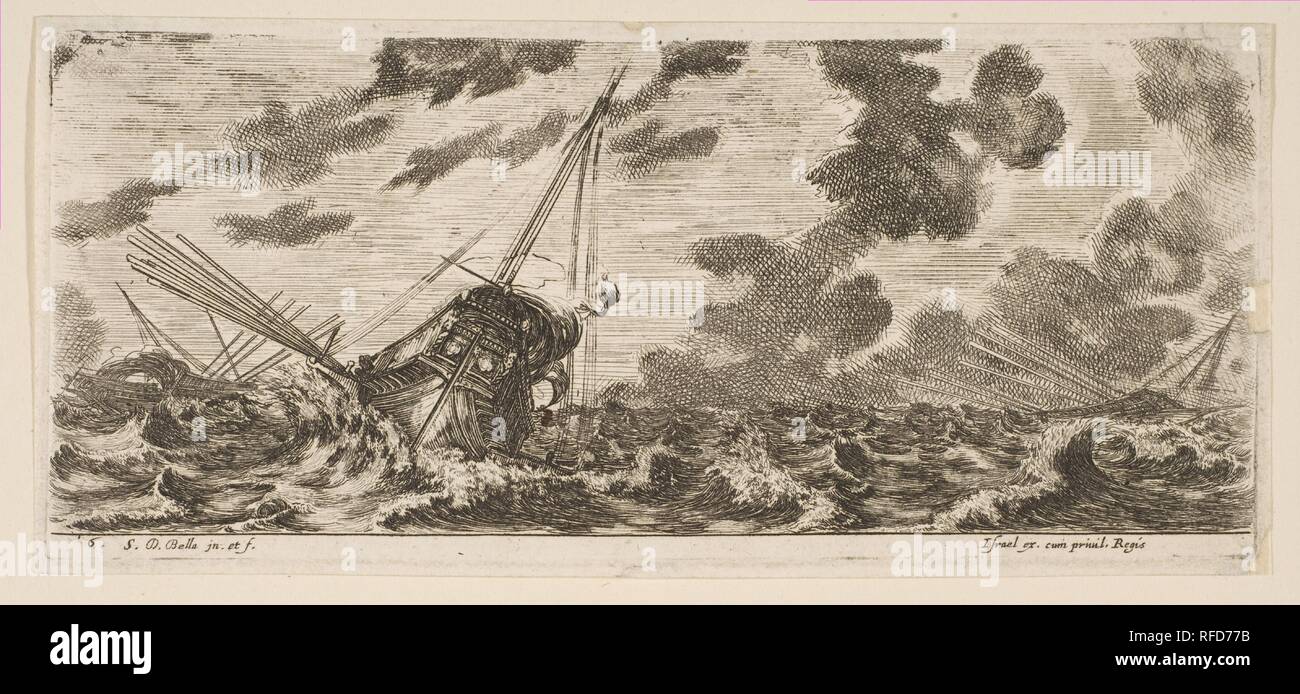 Plate 6: three ships in a storm, from 'Various Embarkations' (Divers embarquements). Artist: Stefano della Bella (Italian, Florence 1610-1664 Florence). Dimensions: Plate: 2 7/8 × 6 5/8 in. (7.3 × 16.9 cm)  Sheet: 3 1/16 × 6 3/4 in. (7.7 × 17.2 cm). Publisher: Israël Henriet (French, Nancy ca. 1590-1661 Paris). Series/Portfolio: 'Various Embarkations' (Divers embarquements). Date: ca. 1646-47. Museum: Metropolitan Museum of Art, New York, USA. Stock Photo