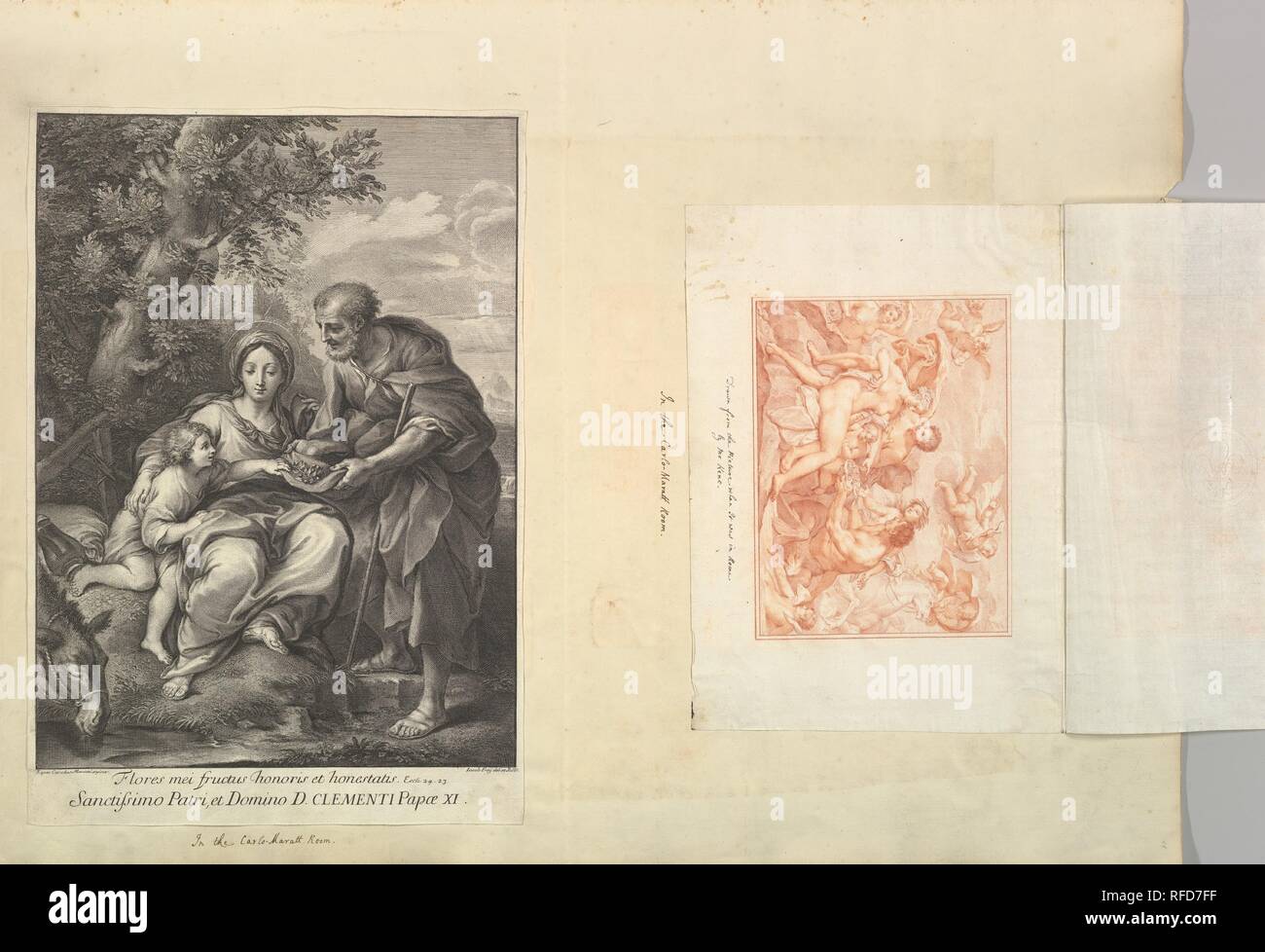 Leaf from Aedes Walpolianae mounted with a print and a drawing: (a): The Virgin and Joseph with the Young Jesus; (b): Acis and Galatea. Artist: Johann Jakob Frey the Elder (Swiss, active in Rome 1681-1752); After Carlo Maratti (Italian, Camerano 1625-1713 Rome); After Carlo Maratti (Italian, Camerano 1625-1713 Rome); William Kent (British, Bridlington, Yorkshire ca. 1685-1748 London). Dimensions: Leaf: 28 15/16 × 20 1/2 in. (73.5 × 52 cm). Date: 1710-40. Museum: Metropolitan Museum of Art, New York, USA. Stock Photo