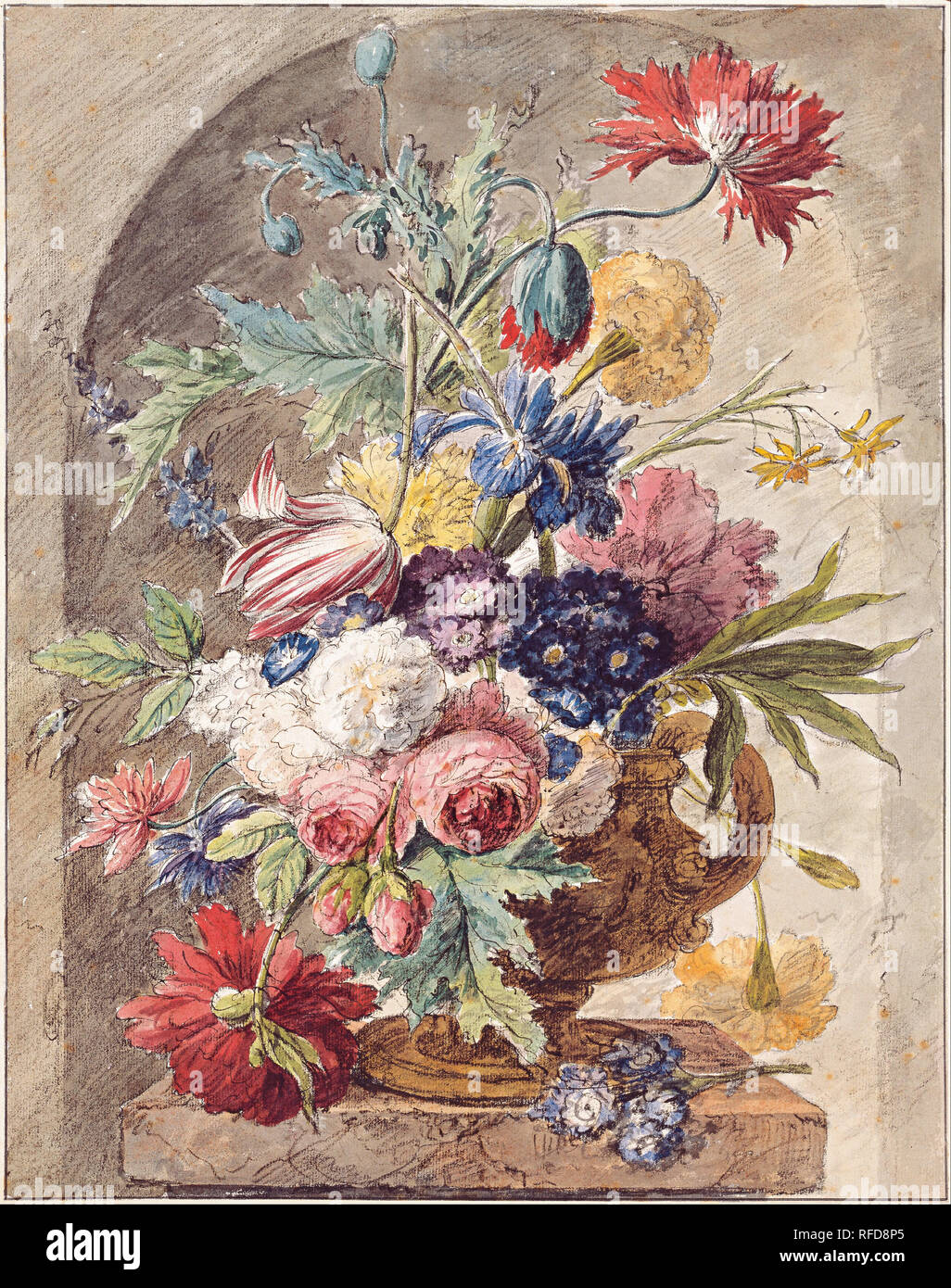 Flower Still Life, c. 1734. Date/Period: Ca. 1734. Drawing. Black chalk, pen and brown ink, watercolor. Author: JAN VAN HUYSUM. HUYSUM, JAN VAN. Stock Photo