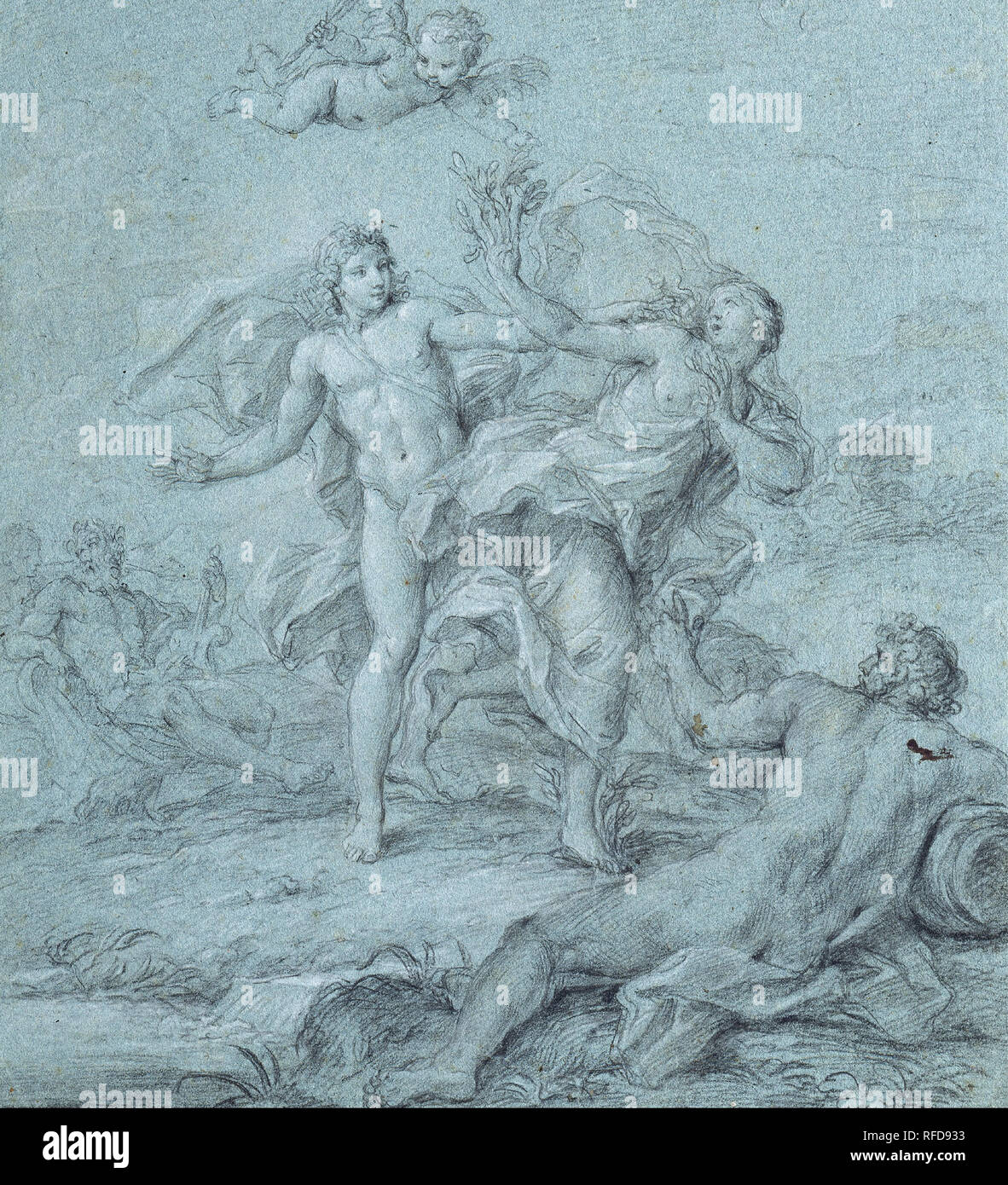 Apollo and Daphne. Date/Period: 1730. Drawing. Chalk and black chalk on blue paper. Height: 320 mm (12.59 in); Width: 294 mm (11.57 in). Author: STEFANO POZZI. Stock Photo