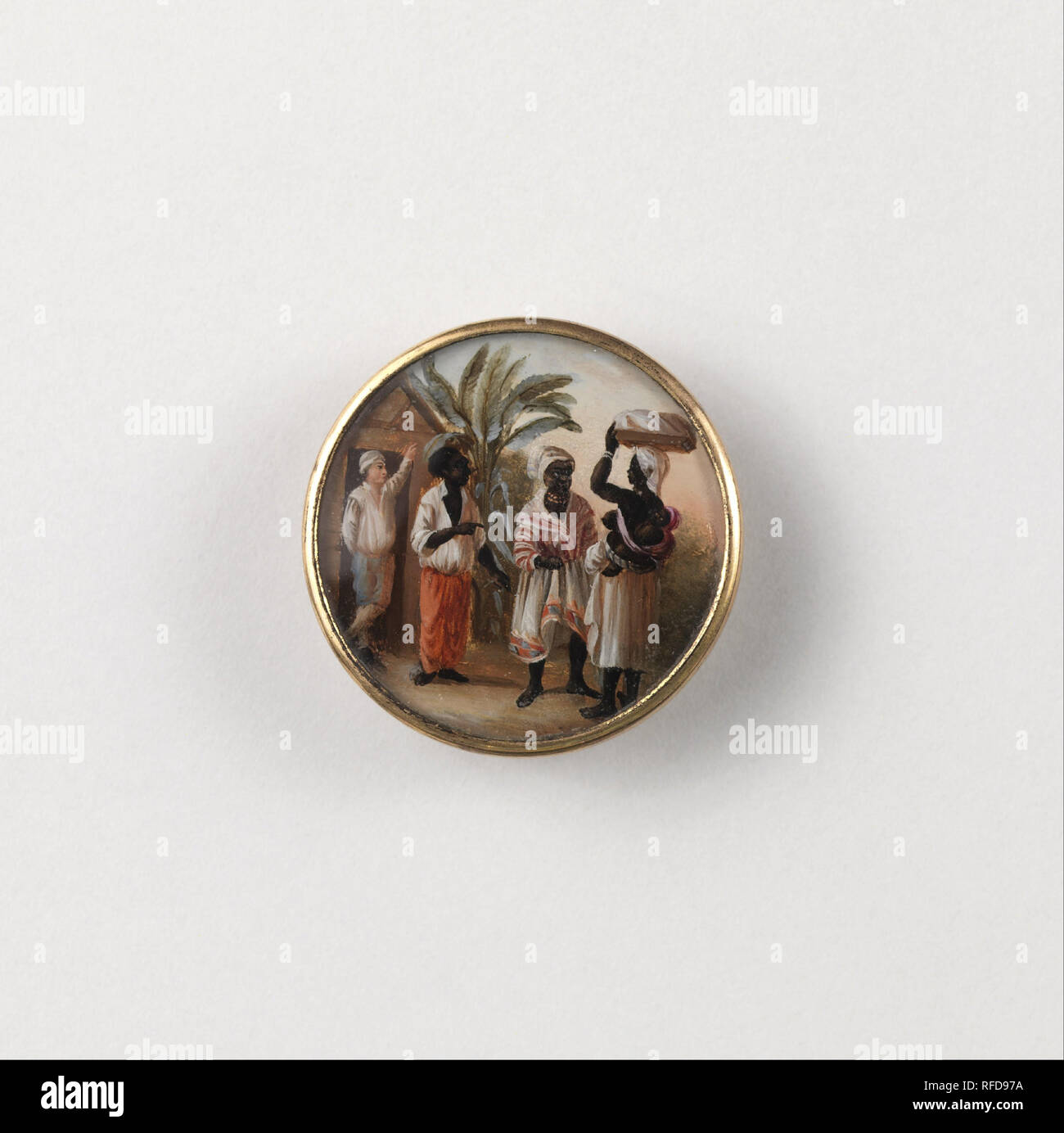 Button. Date/Period: Late 18th century. Button. Gouache paint on tin verre fixé, ivory (backing), glass, gilded metal. Author: AGOSTINO BRUNIAS. Stock Photo
