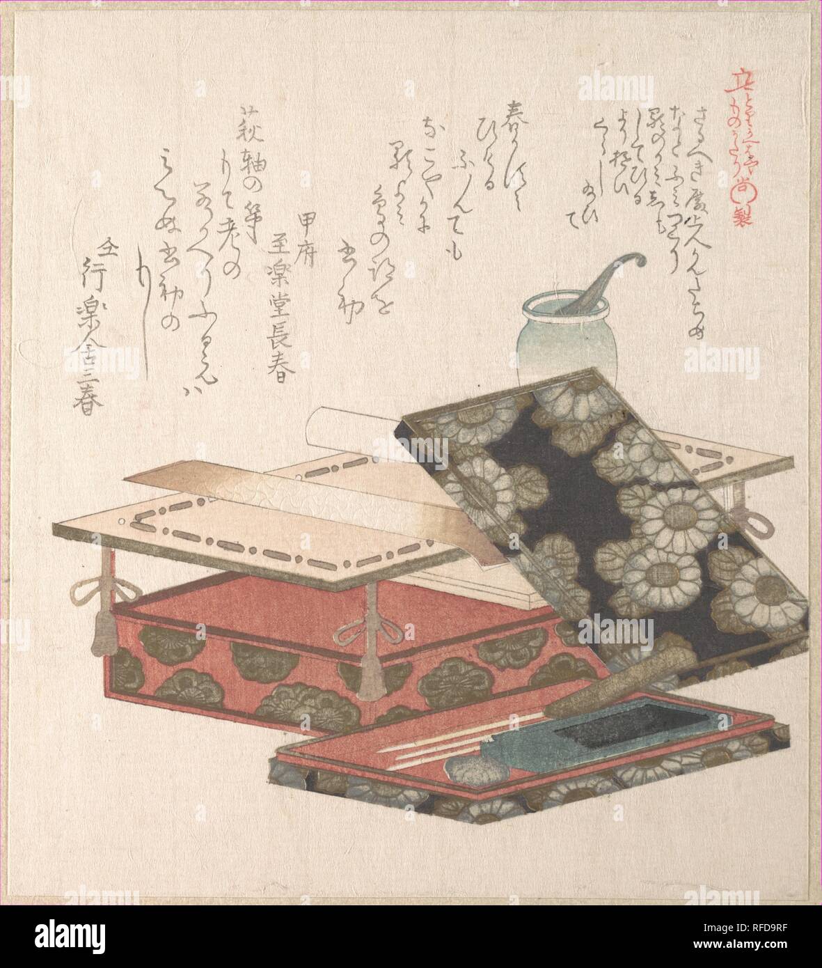 Table and Writing Set. Artist: Kubo Shunman (Japanese, 1757-1820). Culture: Japan. Dimensions: 8 3/16 x 7 1/8 in. (20.8 x 18.1 cm). Date: 19th century.  Lacquer objects are often depicted on luxurious, limited-edition New Year's greeting cards (surimono). This print shows a small, red lacquer, maki-e decorated writing table with an unbrushed poem card (tanzaku) placed on it. Next to the table is a lacquer writing box. On the outside, it is decorated with gold and silver chrysanthemum maki-e, while the inside is red lacquer. It contains an inkstone, a water-dropper, an ink stick, and three brus Stock Photo