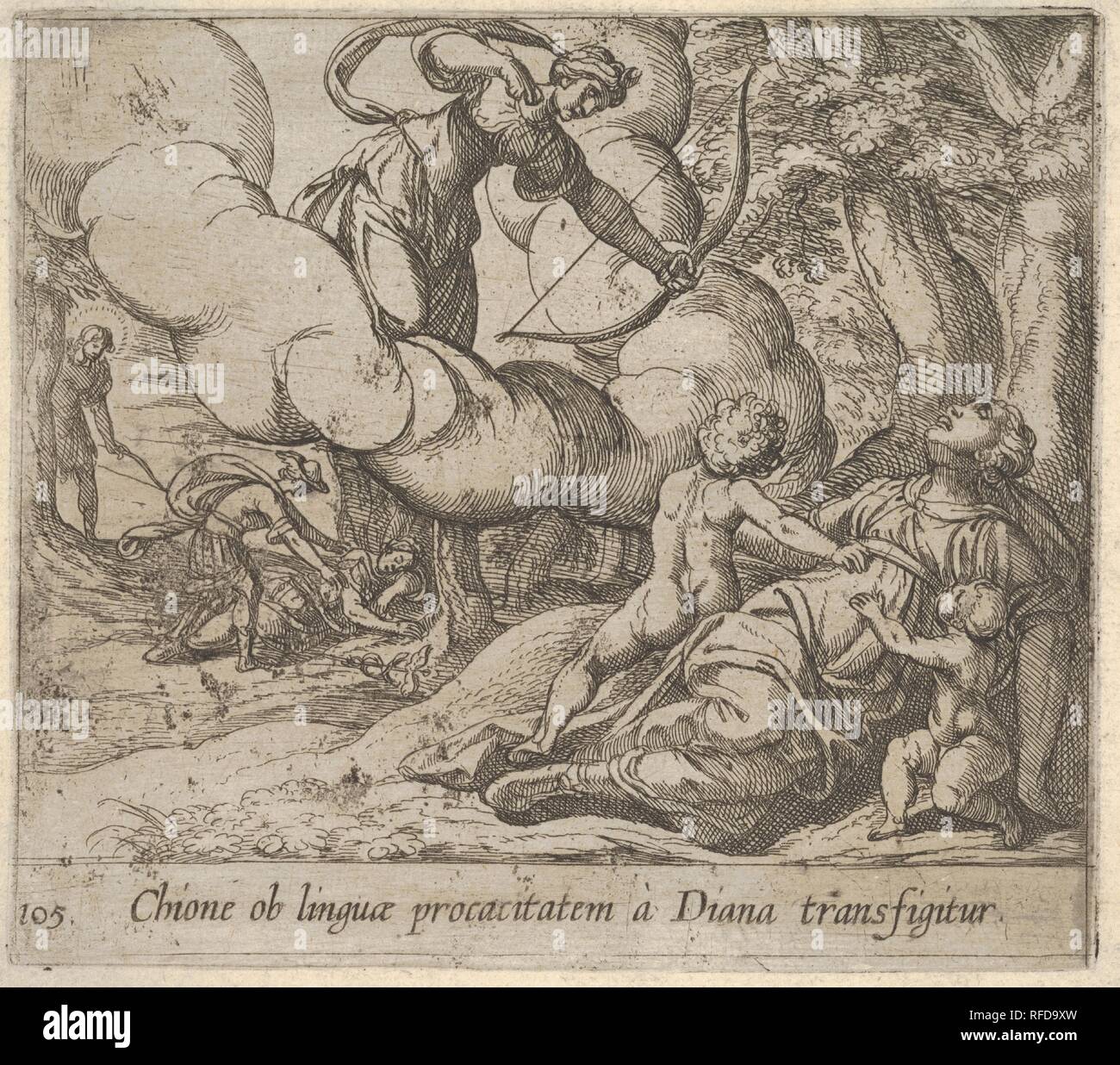 Plate 105: Diana aiming her bow toward Chione, who is accompanied by two children, in another scene at left Mercury approaches the sleeping Chione, from a series illustrating 'The Metamorphoses' of Ovid. Artist: Antonio Tempesta (Italian, Florence 1555-1630 Rome). Dimensions: Sheet: 4 3/4 x 5 1/4 in. (12 x 13.4 cm)  Plate: 4 1/8 x 4 11/16 in. (10.5 x 11.9 cm). Date: 1606. Museum: Metropolitan Museum of Art, New York, USA. Stock Photo