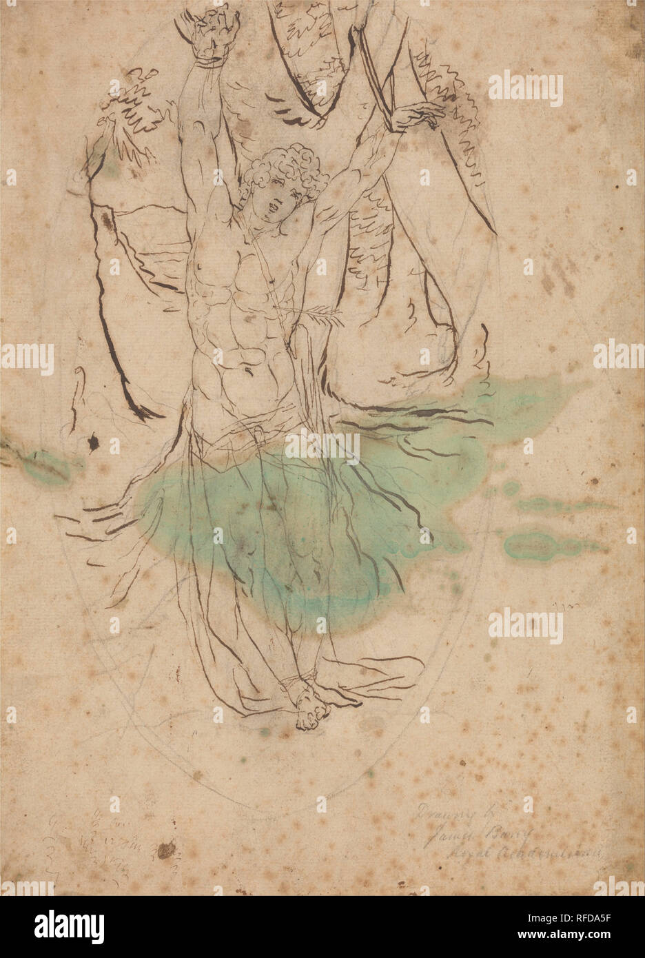Study for Saint Sebastian. Drawing. Pen and brown ink, gouache and graphite on thin, slightly textured, beige laid paper. Height: 260 mm (10.23 in); Width: 191 mm (7.51 in). Author: James Barry. Stock Photo