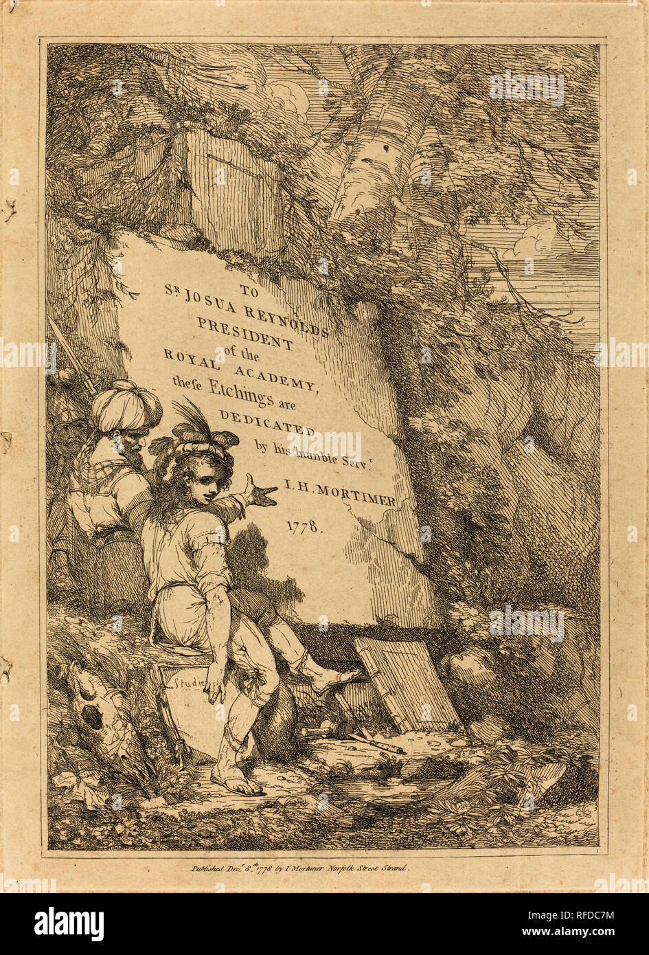 Title Page. Dated: 1778. Dimensions: plate: 35 × 25.2 cm (13 3/4 × 9 15/16 in.)  sheet: 42.2 × 28.6 cm (16 5/8 × 11 1/4 in.). Medium: etching. Museum: National Gallery of Art, Washington DC. Author: John Hamilton Mortimer. Stock Photo
