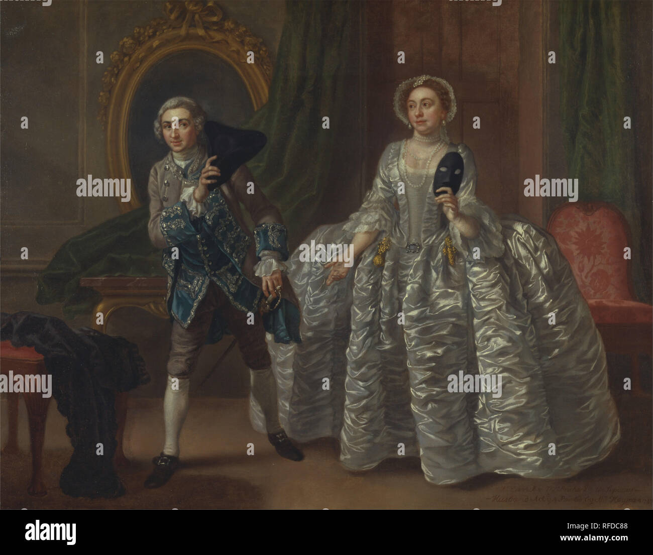 David Garrick and Mrs. Pritchard in Benjamin Hoadley's 'The Suspicious Husband'. Date/Period: 1747. Painting. Oil on canvas laid to board. Height: 714 mm (28.11 in); Width: 918 mm (36.14 in). Author: Francis Hayman. Stock Photo